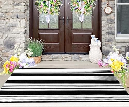 Miniatura 6 de Alfombra de exterior blanca y negra de 3 x 5 pies, alfombra de algodón tejida a mano, lavable a máquina, para interiores y exteriores, alfombra de