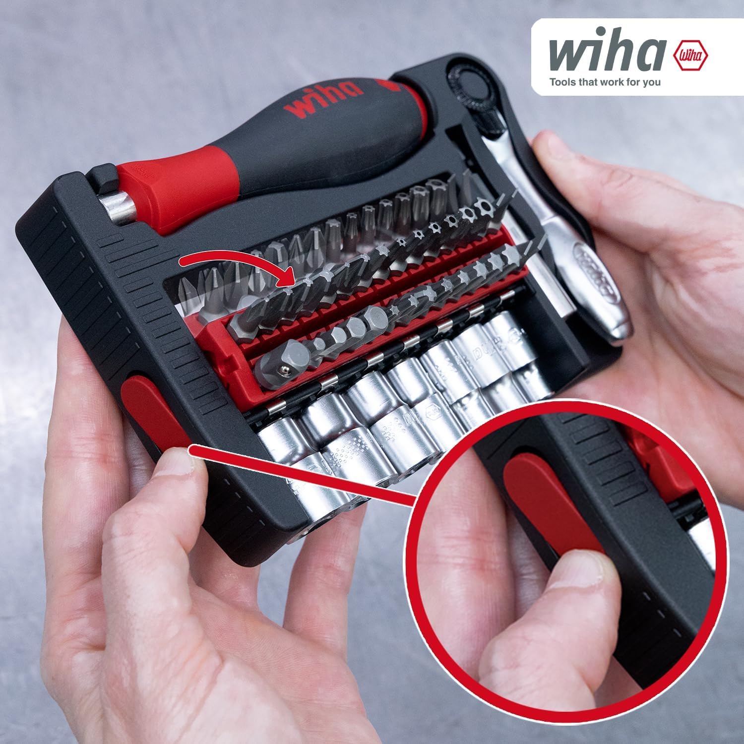 Wiha ProBuddy® Evo 40-tlg. Bit- & Steckschlüssel-Set 1/4" SoftFinish Schraubendrehergriff, Mini-Ratsche 72 Zähne, magnetischer Bithalter I Kompaktes Werkzeugset für Profi, Heimwerker, Fahrrad (46960)