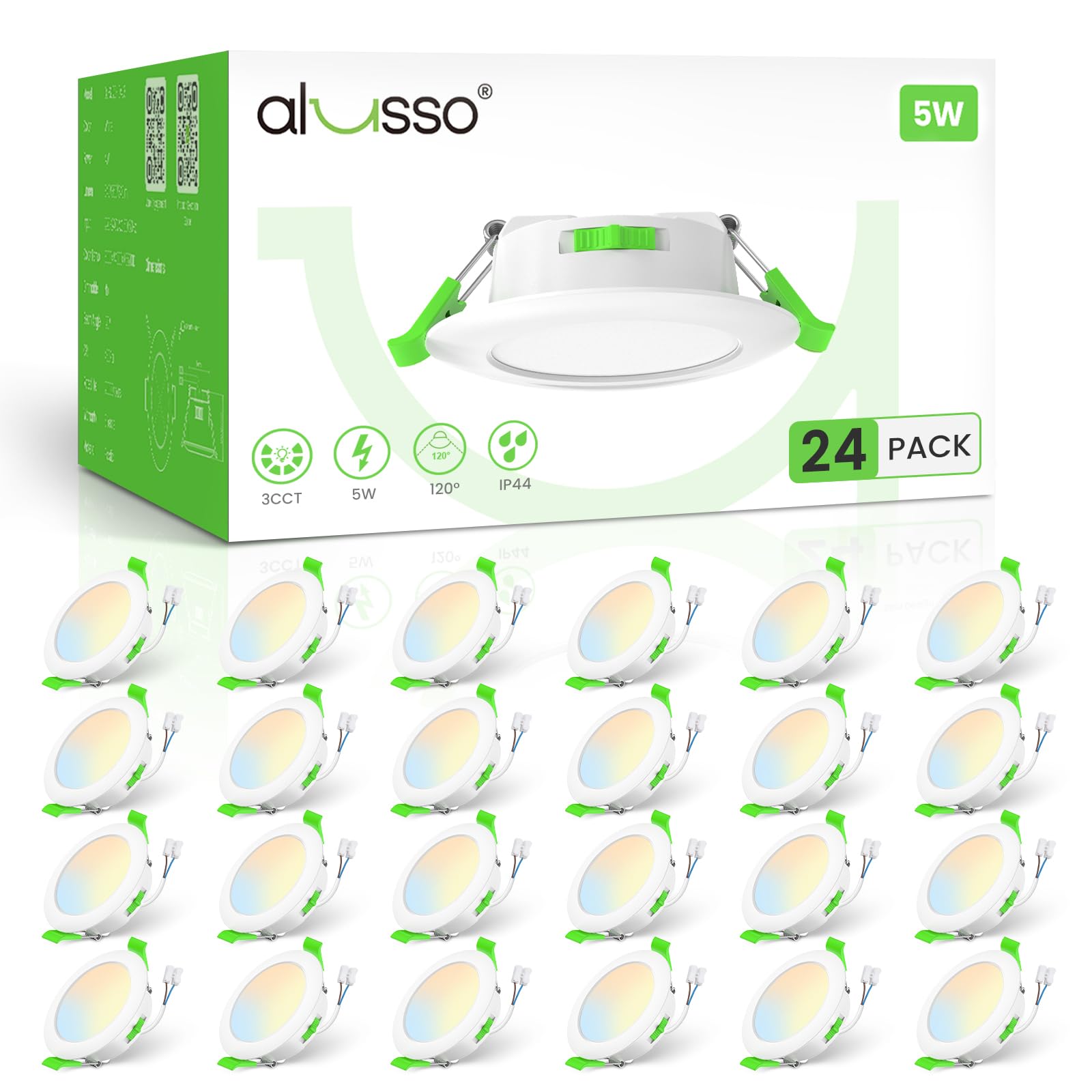 ALUSSO LED Einbaustrahler 230V 68-75mm, 5W Deckenspots, Rund Weiss 24er Set | 3CCT Einstellbar Spots 3000K/4000K/6500K, 360LM Ultra Flach Einbauspots, IP44 für Badezimmer Küche Wohnzimmer, Nicht-Dimmbar