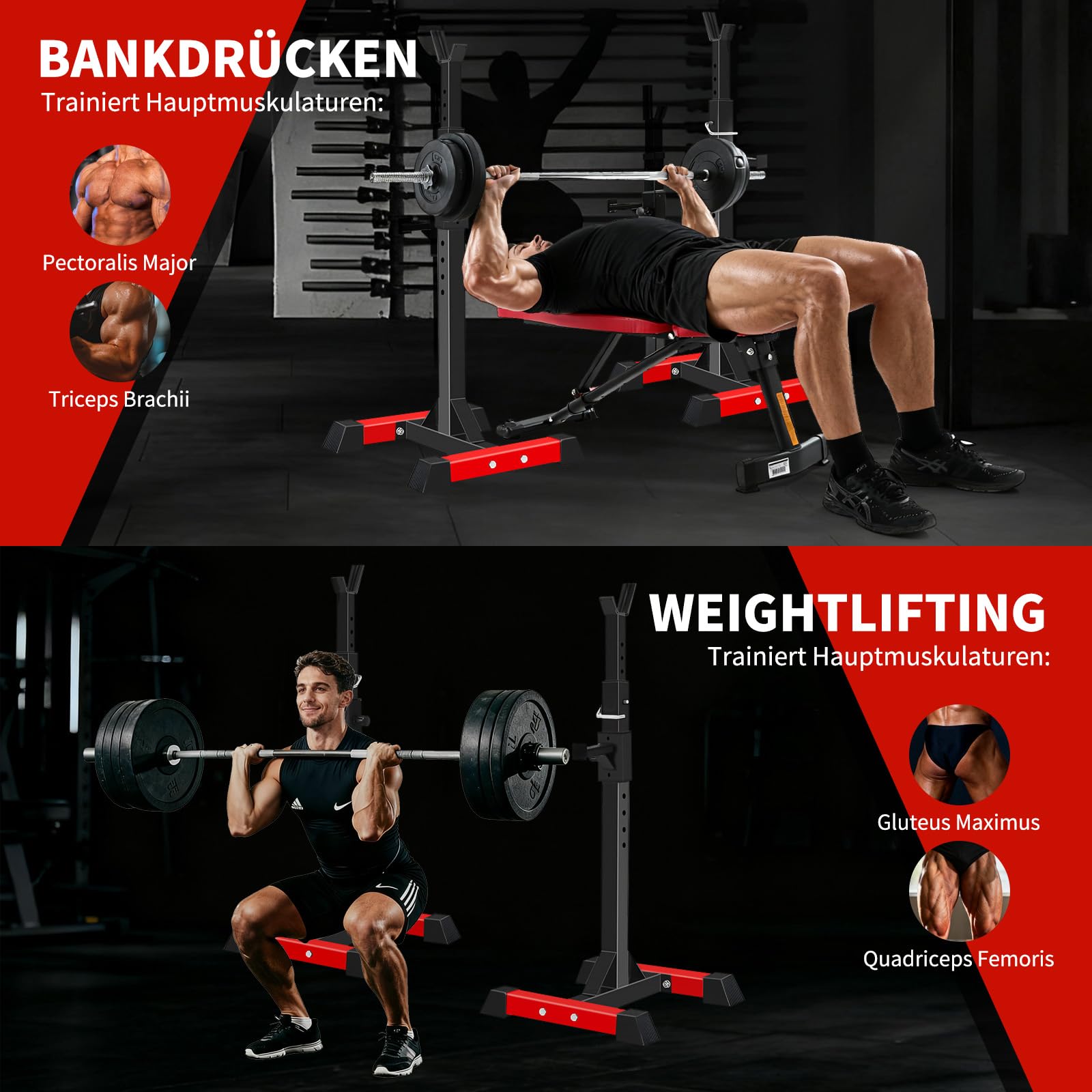 ISE Squat Rack Hantelständer mit 6 Höhenverstellbar Langhantelständer, Langhantelablage 2 Einzelnen Ständern,Max. bis 200KG, Kniebeugenständer, Langhantel Ständer für Sportstudio Zuhause