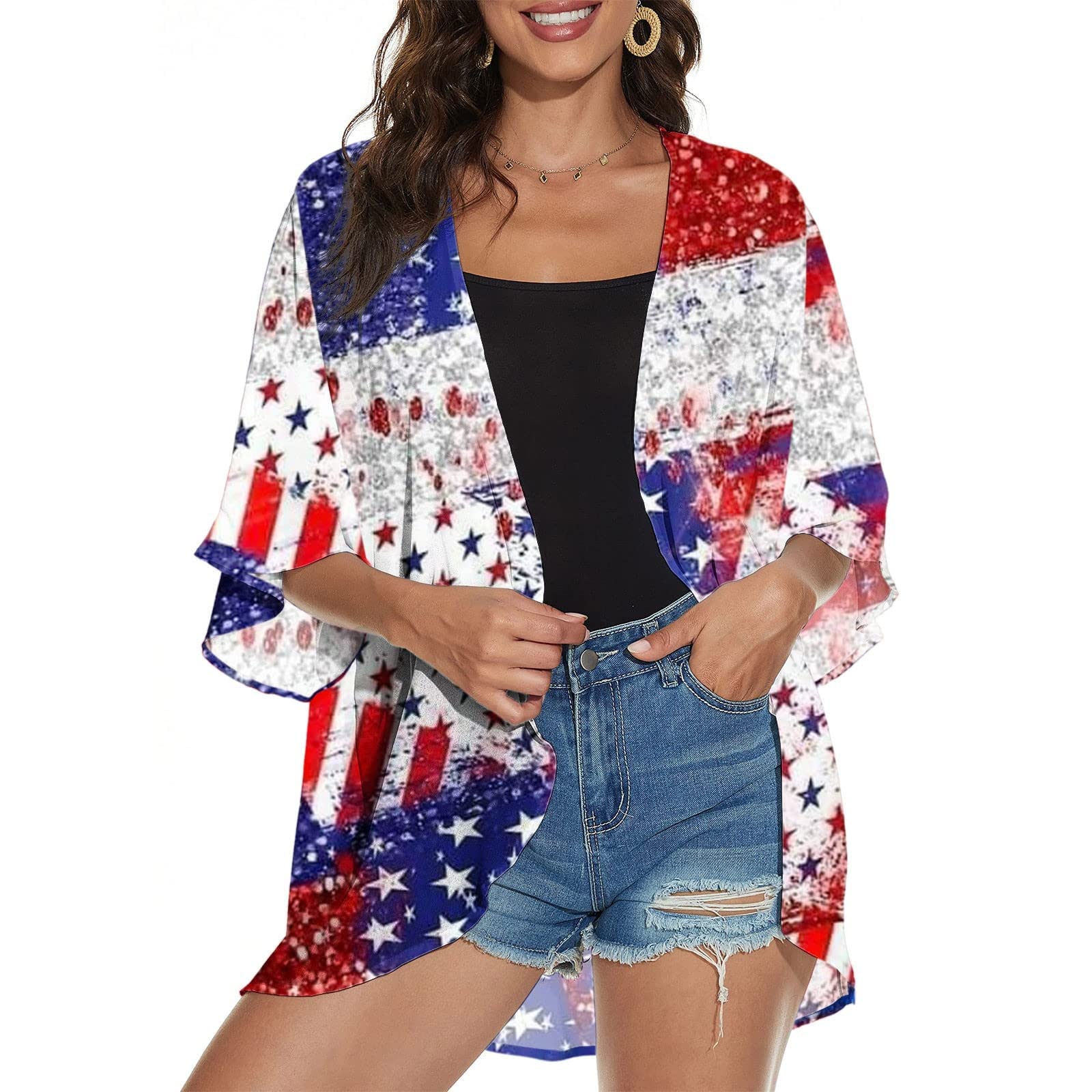 Women's Summer Independence Day Print Tops Loose Half Sleeve Chiffon Cardigan Blouses Casual Cover Up