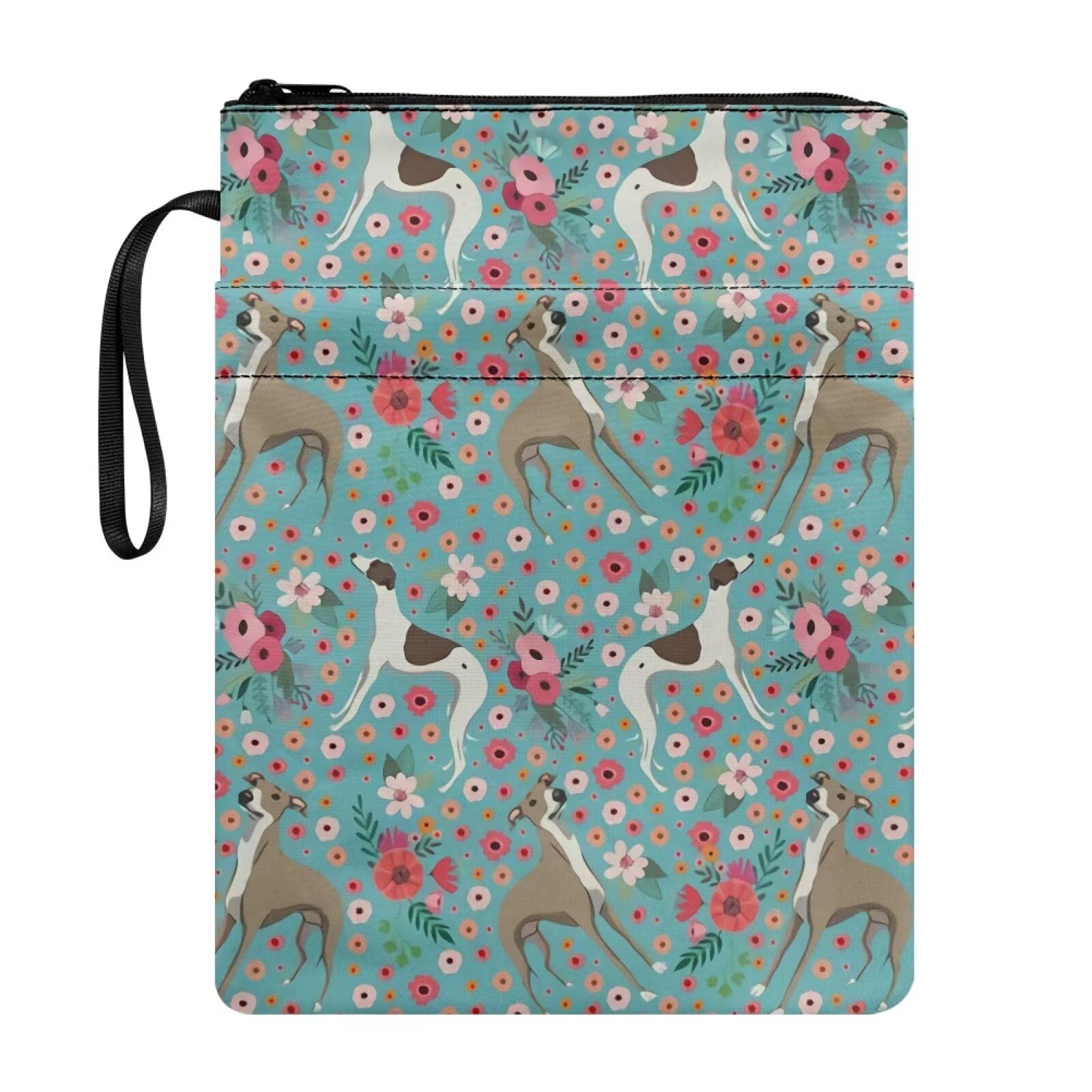 NETILGEN Book Covers for Book Lovers Book Sleeve with Zipper and Pocket Paperback Book Sox Textbook Covers Book Purse, Whippet Dog Floral — image 1
