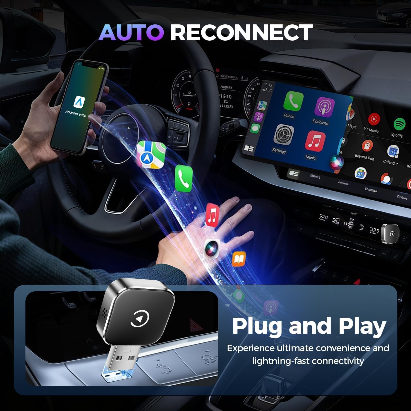 2026 Wireless Carplay & Android Auto Adapter 2-in-1, 2.4+5.0 GHz WiFi CarPlay Adapter, Plug and Play, 5.0 Bluetooth Stabile Verbindung, USB C/A, Kompatibel Mit Phone IOS 10+ Und Android 11+, Glas