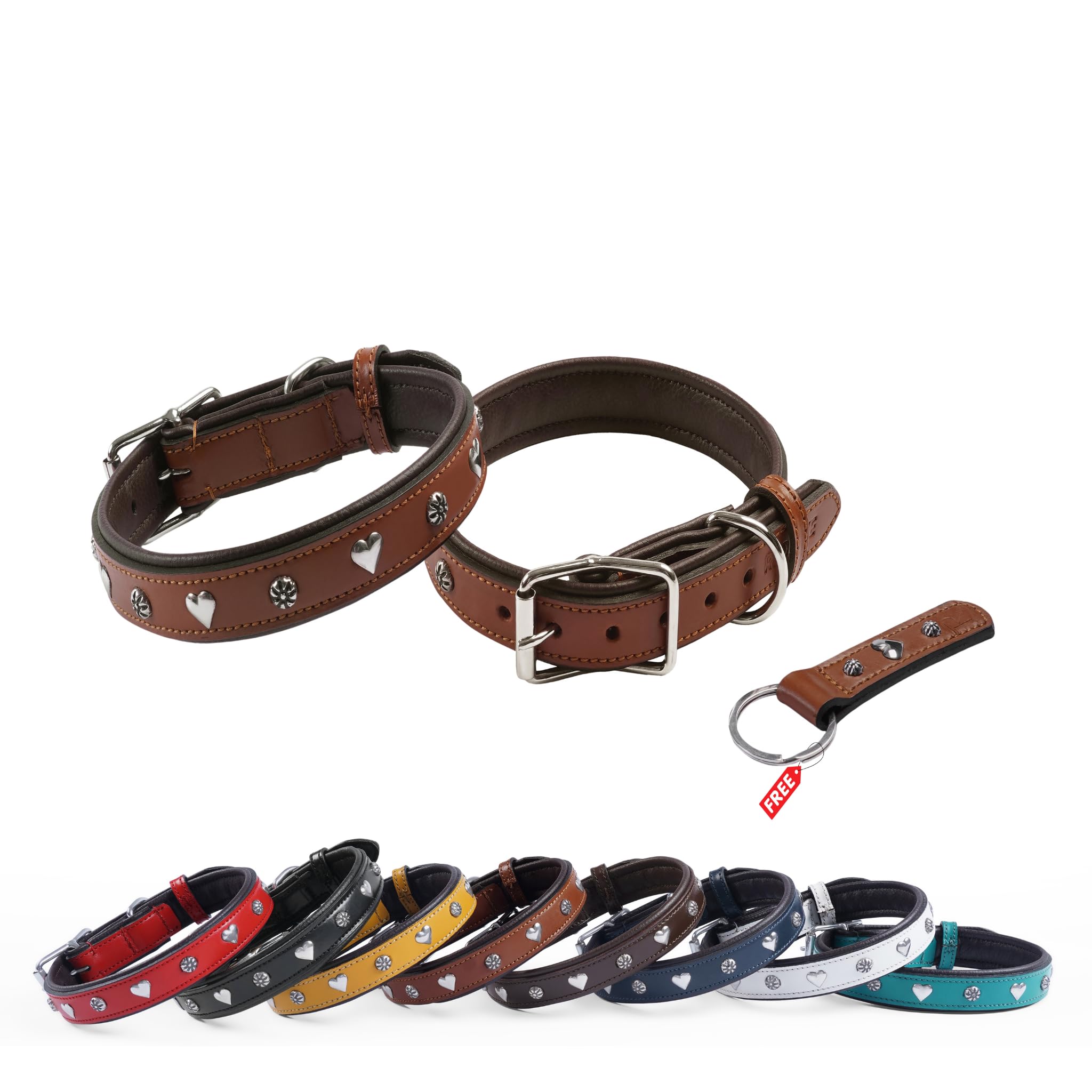 REDLUXE Genuine Leather Dog Collar with Heart Studs, Soft Padded Adjustable Pet Collar for Small, Medium & Large Dogs, Heavy Duty Metal Buckle (TAN, M) โ image 1