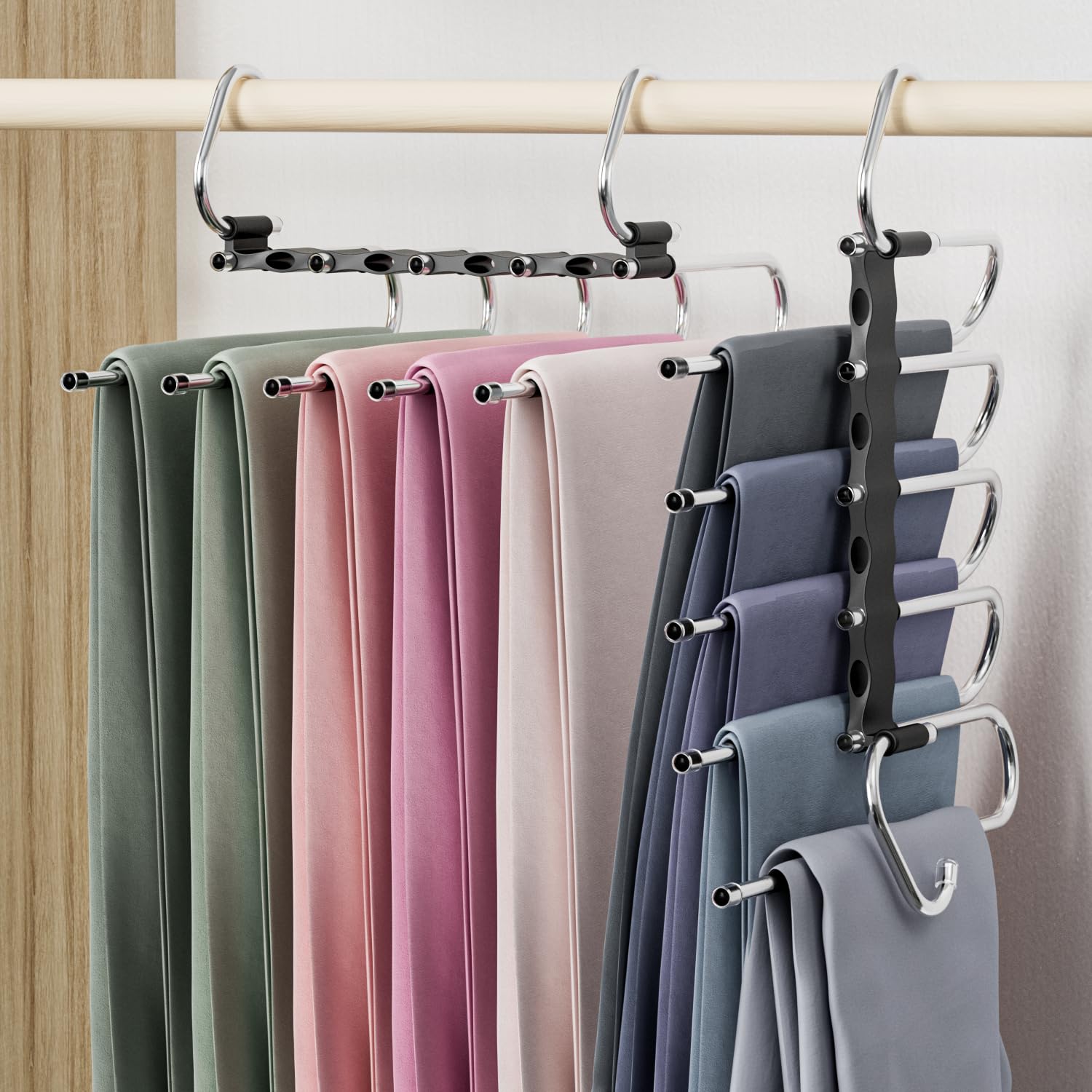 DAMITA Hosenbügel Platzsparend Hosen Schwarz Kleiderbügel Kunststoff 2 Stück 5 in 1 Plastik Edelstahl Stabil Faltbare Hosenkleiderbügel Schrank Organizer Schals Jeans Kleidung Für Damen und Herren