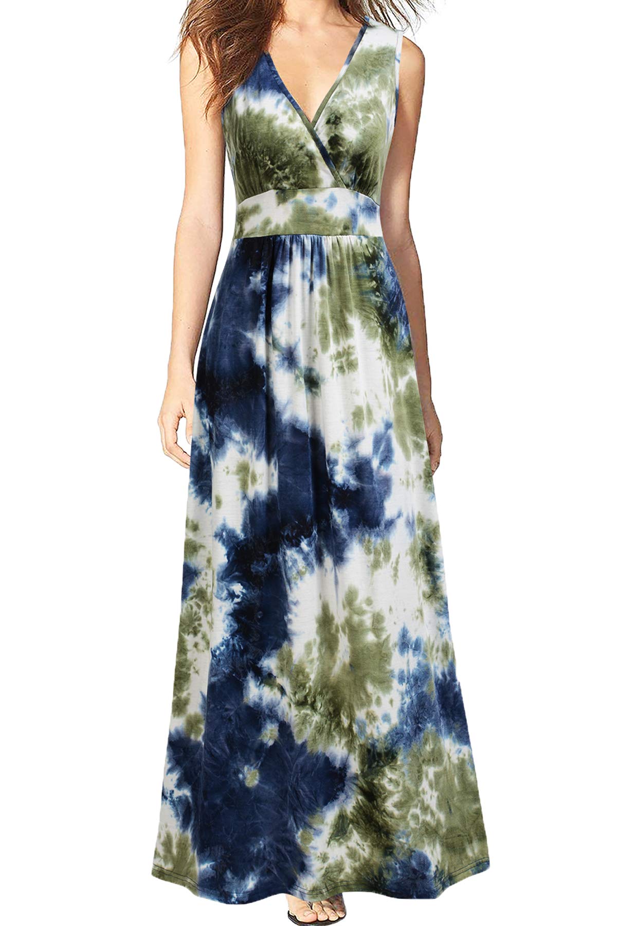 WOOSEA Women Sleeveless Deep V Neck Loose Plain Long Maxi Casual Dress