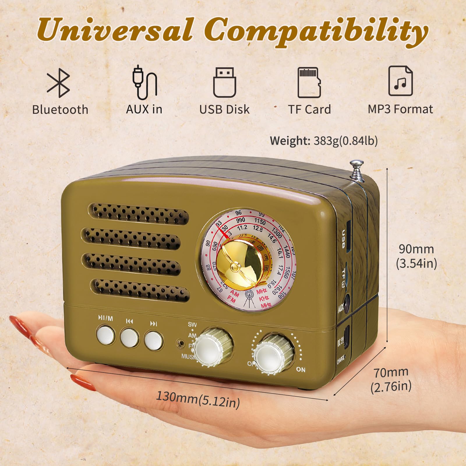 Poste Radio Portable, PRUNUS J-160 Radio Vintage Bluetooth avec Batterie Rechargeable 1800mAh, FM/AM (MW)/SW Bouton de Réglage Extra Large, TransistorRadio Prise en Charge de la Carte TF/USB (Gold)