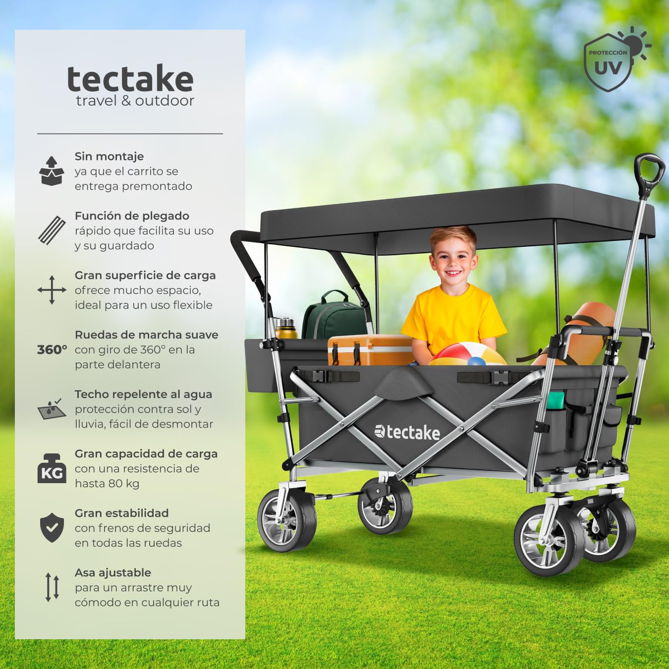 tectake® Carro Plegable para Jardín, Carro Transporte con Techo Desmontable, Carrito Playa con Asa Telescópica, Carretilla Jardín con Bolsa Trasera, Carro Camping Multiuso, Capacidad 80 kg - gris