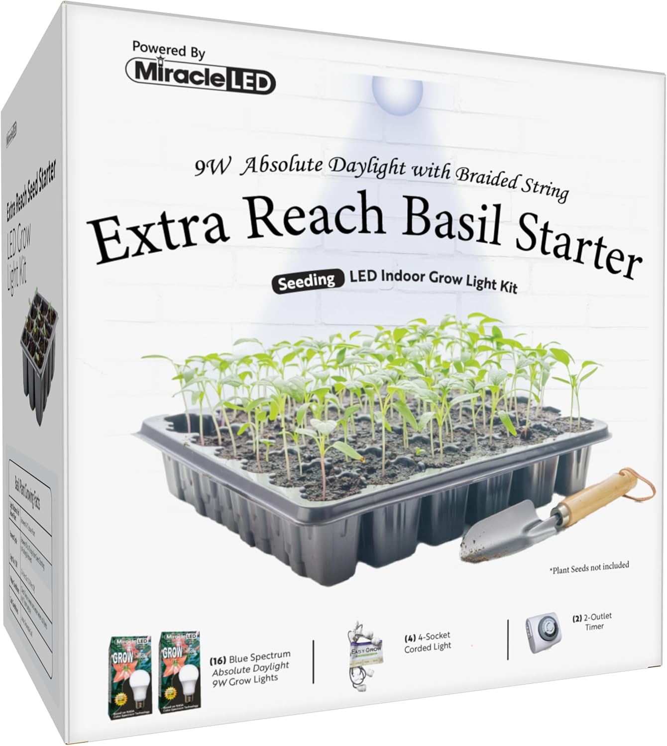 Miracle LED Absolute Daylight Blue Spectrum, Extra Reach Basil Seed Starter Grow Light Kit (Braided 4-Socket)