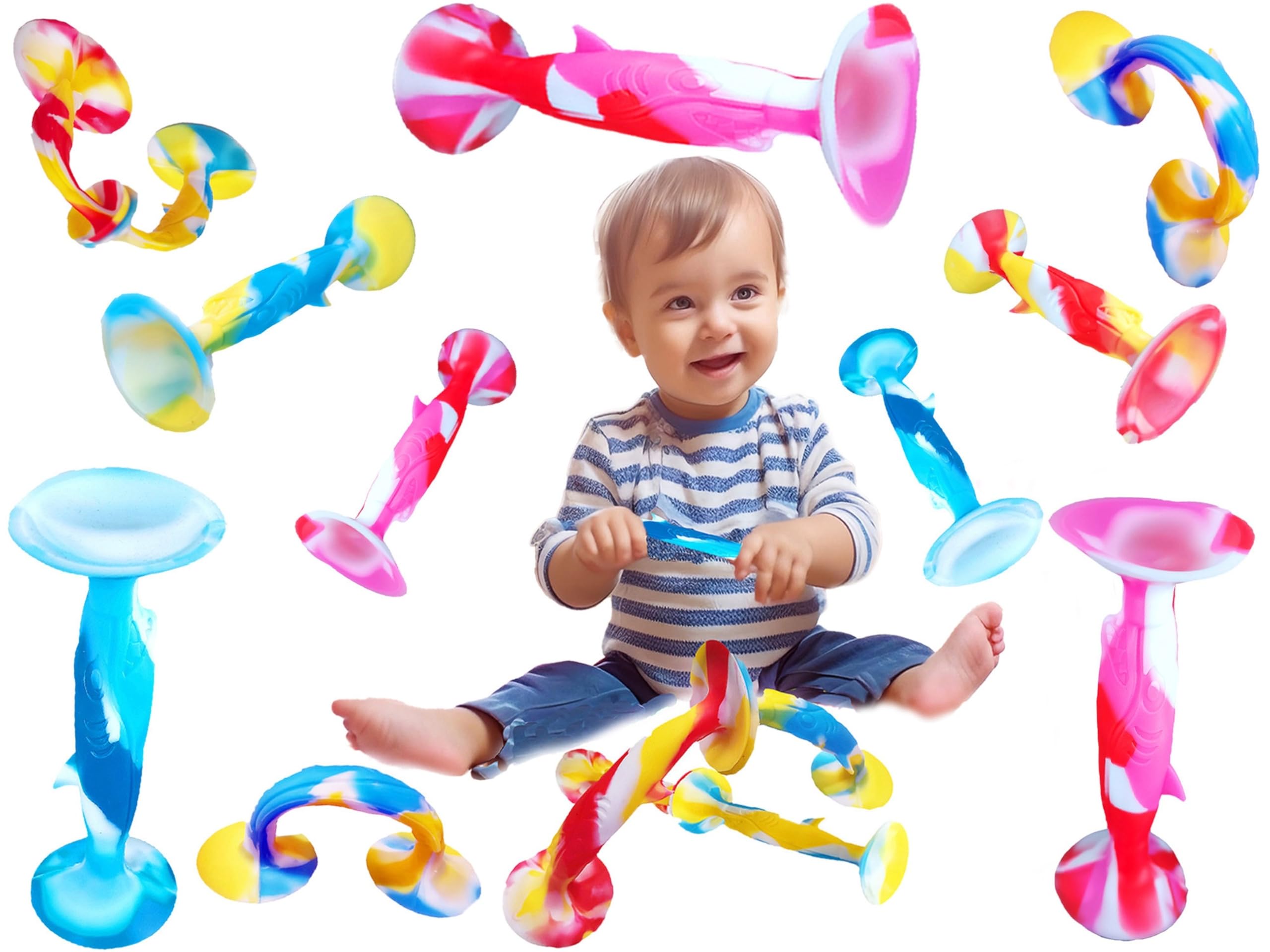 8 Packs Silicone Suction Cup Teething Fidgets Darts for 6-12 Month 1-3 Year olds Baby, Sensory Ocean Shark Animal