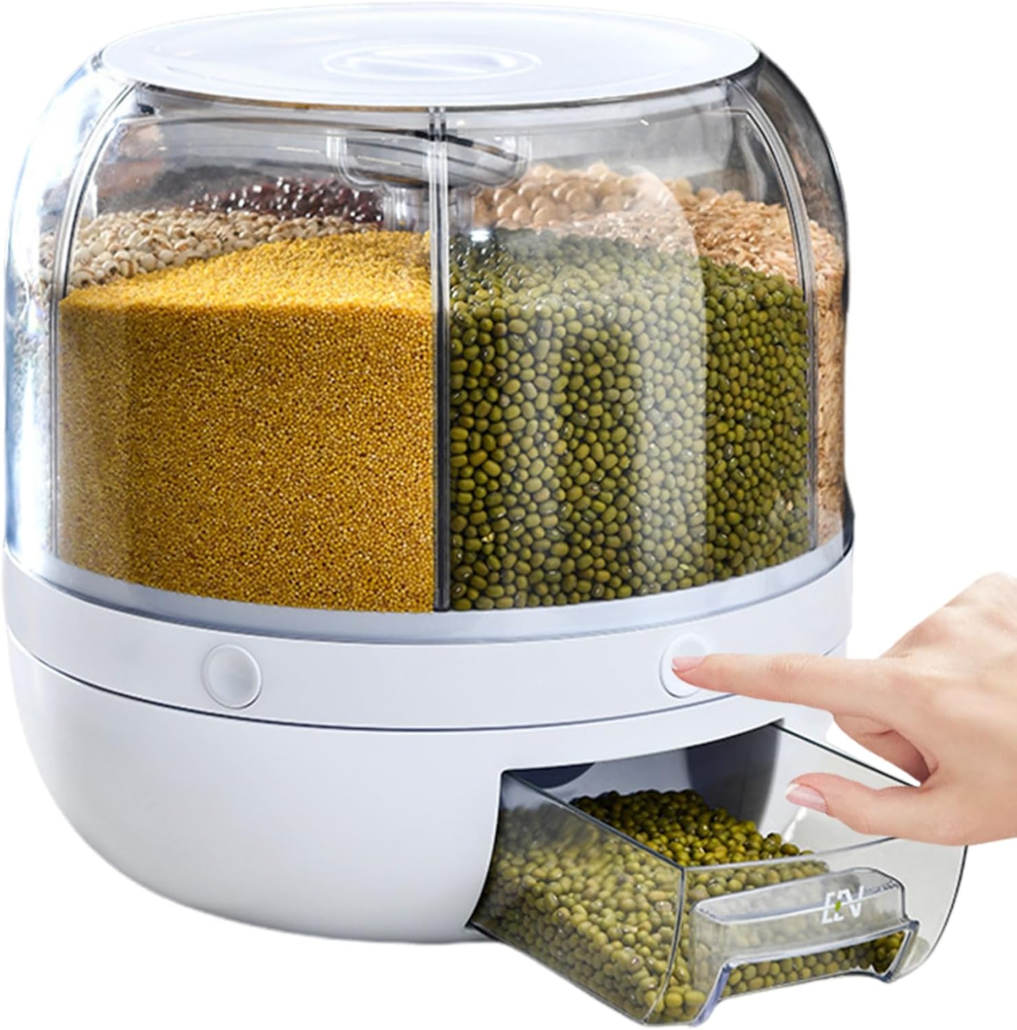 Rice Dispenser Large Capacity Grain Storage Container 6 Grids 360° Rotatable Cereal Dispenser With Lid For Beans Cereal White.