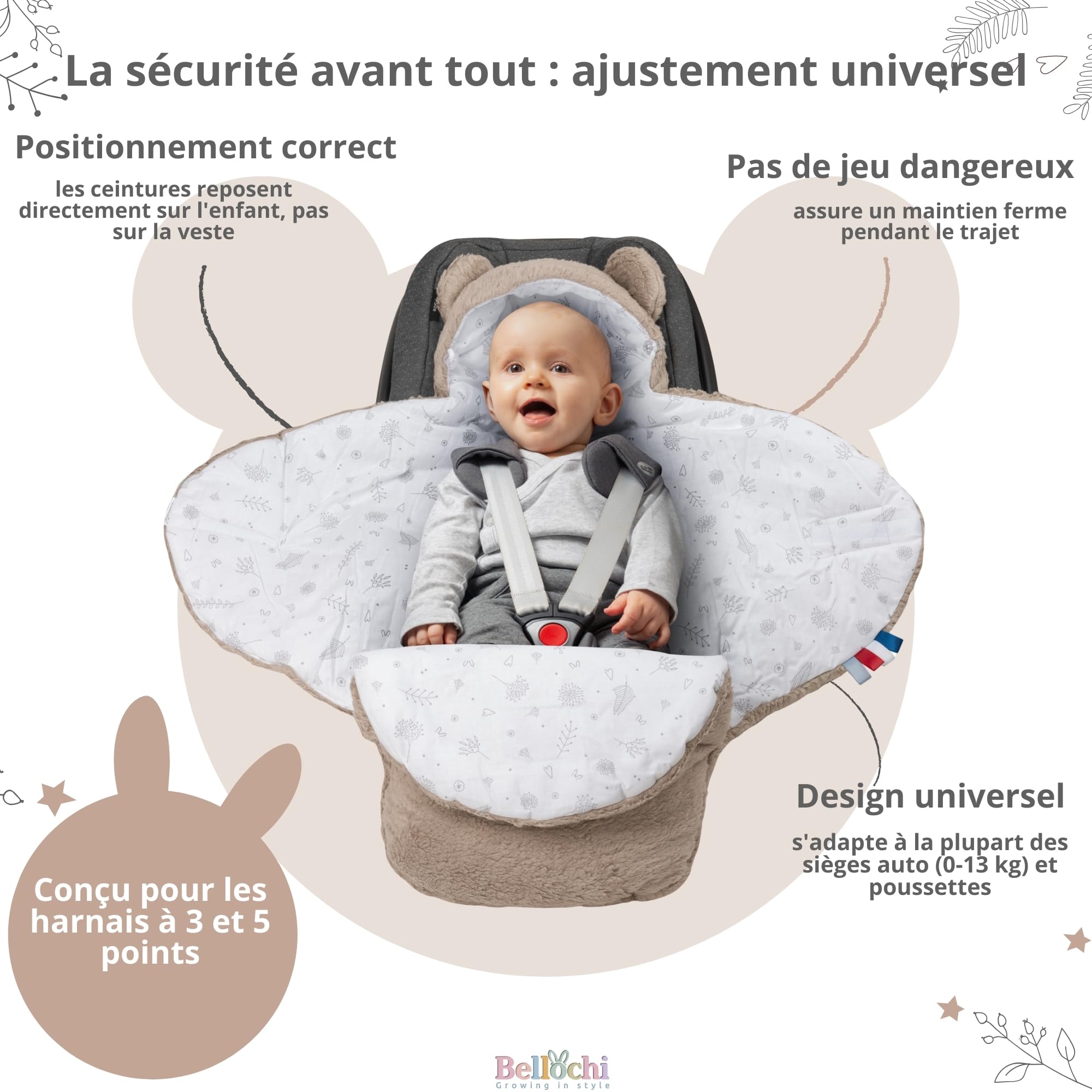 BELLOCHI couverture emmaillotable bébé - Marron - couverture poussette-siège auto - 90x90 cm - coton doux Oeko-TEX