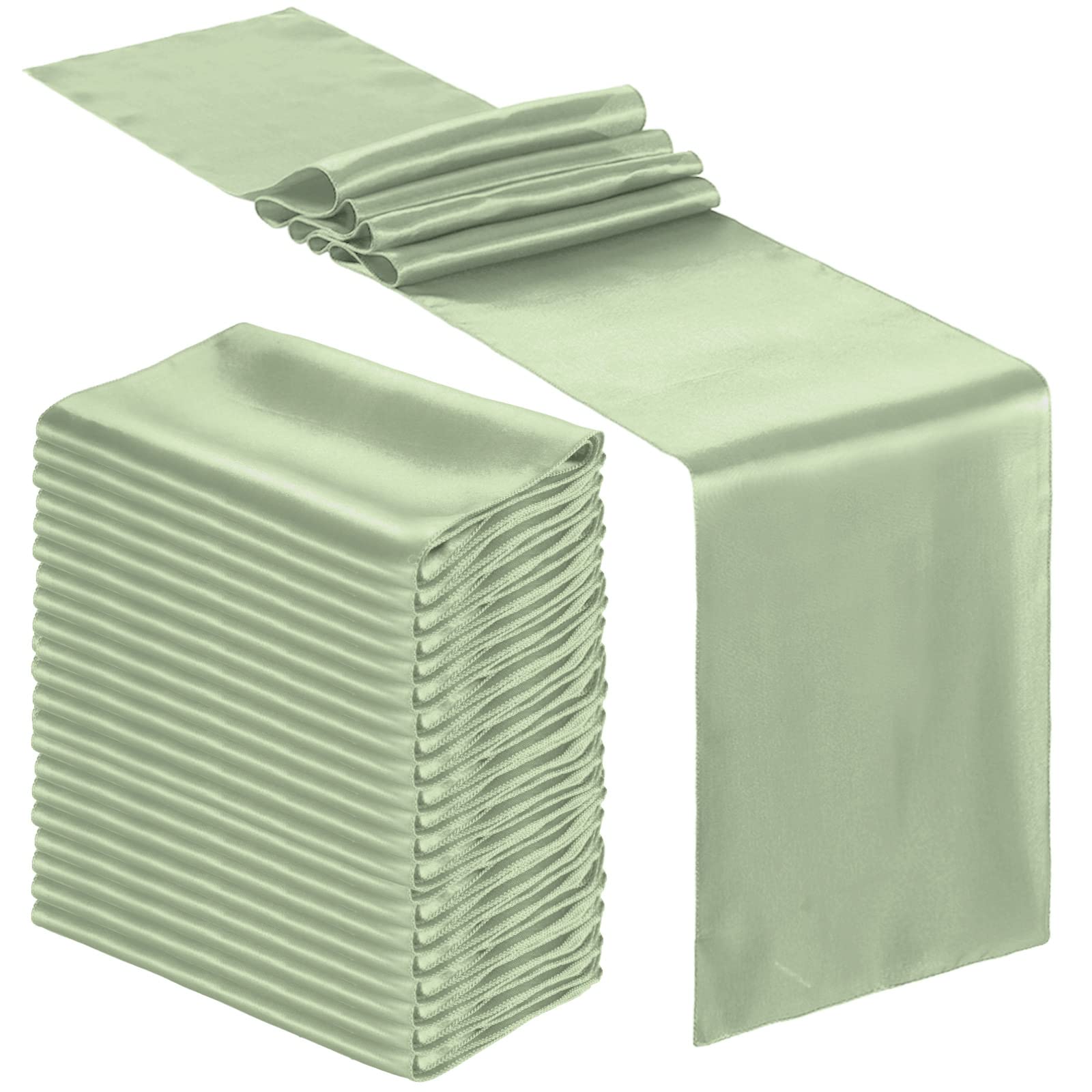 24 Pack Satin Table Runner 12 x 108 Inches Long Wedding Satin Silk Table Runner Smooth Table Runners for Wedding Birthday Party Reception Banquet Chair Sashes Decorations (Light Green)