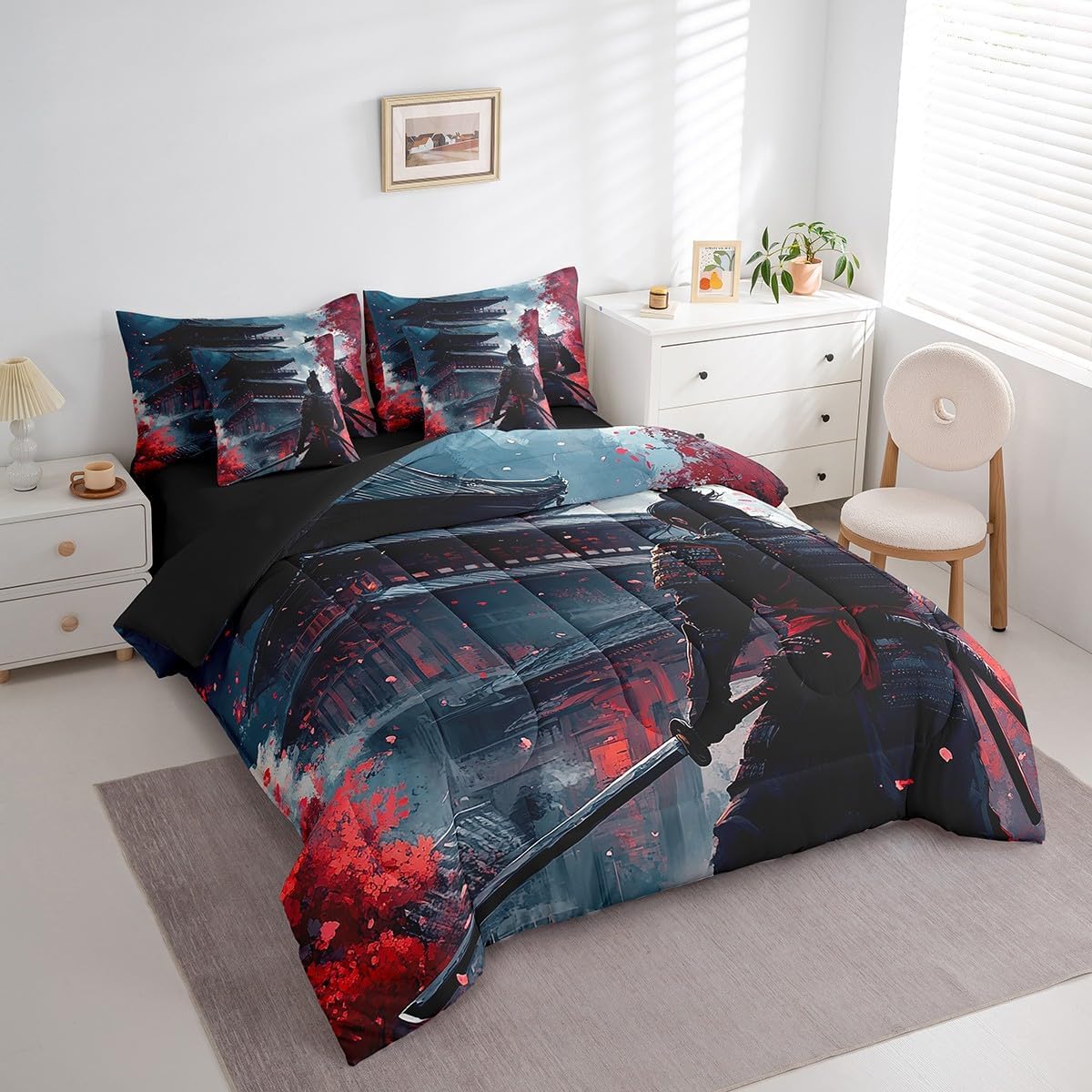 Feelyou Japanese Samurai Comforter Set Queen 7 Pcs Cherry Blossoms Kids Japanese House Vintage Building Bedding Set Japanese-Style Bed in a Bag with Comforter, Sheets, Pillowcases & Cushion Cover