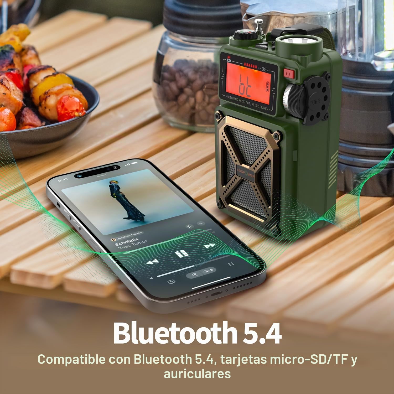 FosPower Radio de Emergencia Tiempo con Altavoz Bluetooth, 14800mWh | Manivela USB-C Carga Solar NOAA AM/FM SOS Alarma Linterna LED Conector Auriculares Pantalla Escaneo Digital, para Emergencias