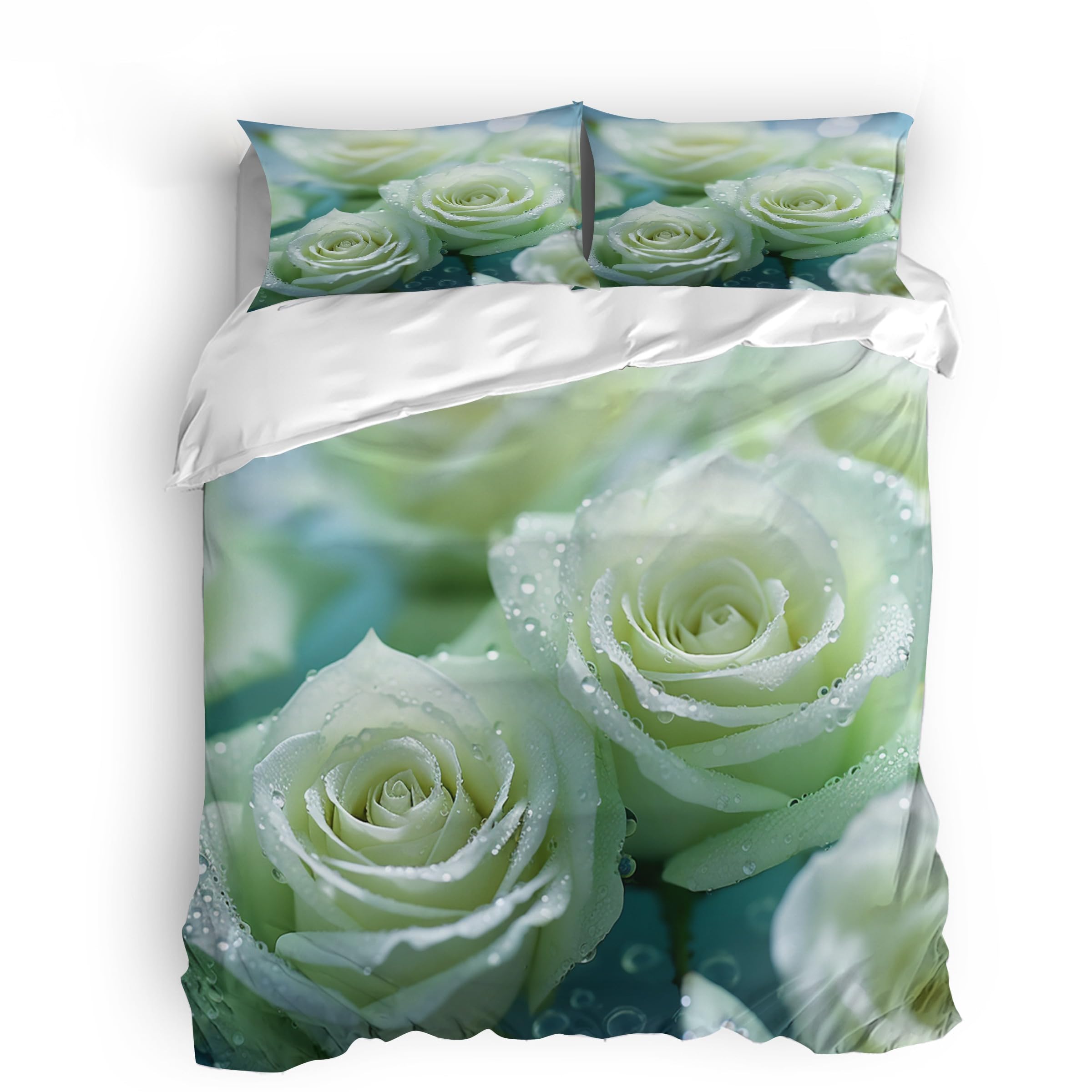 Double Three-dimensional White Flowers Bedding Set Ultra-Soft Microfiber Duvet Cover Set 3Pcs - 200x200cm + 2 Pillowcases 50x75cm - Plant 3D Printed Design with Zip Closure & Corner Ties