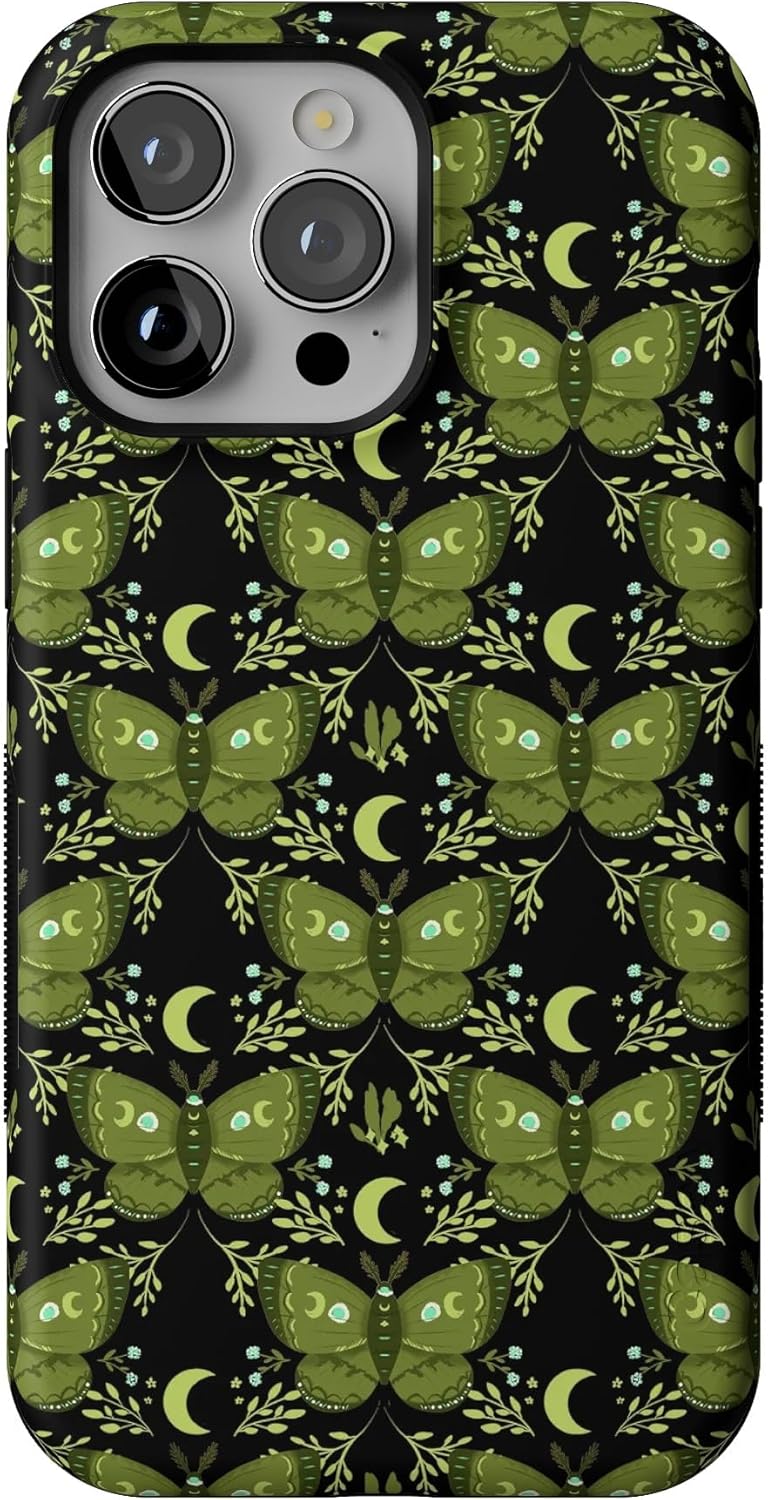 Casely iPhone 14 Pro Case | Mystic Moths | Green Twilight | Compatible with MagSafe | Bold Protective Design