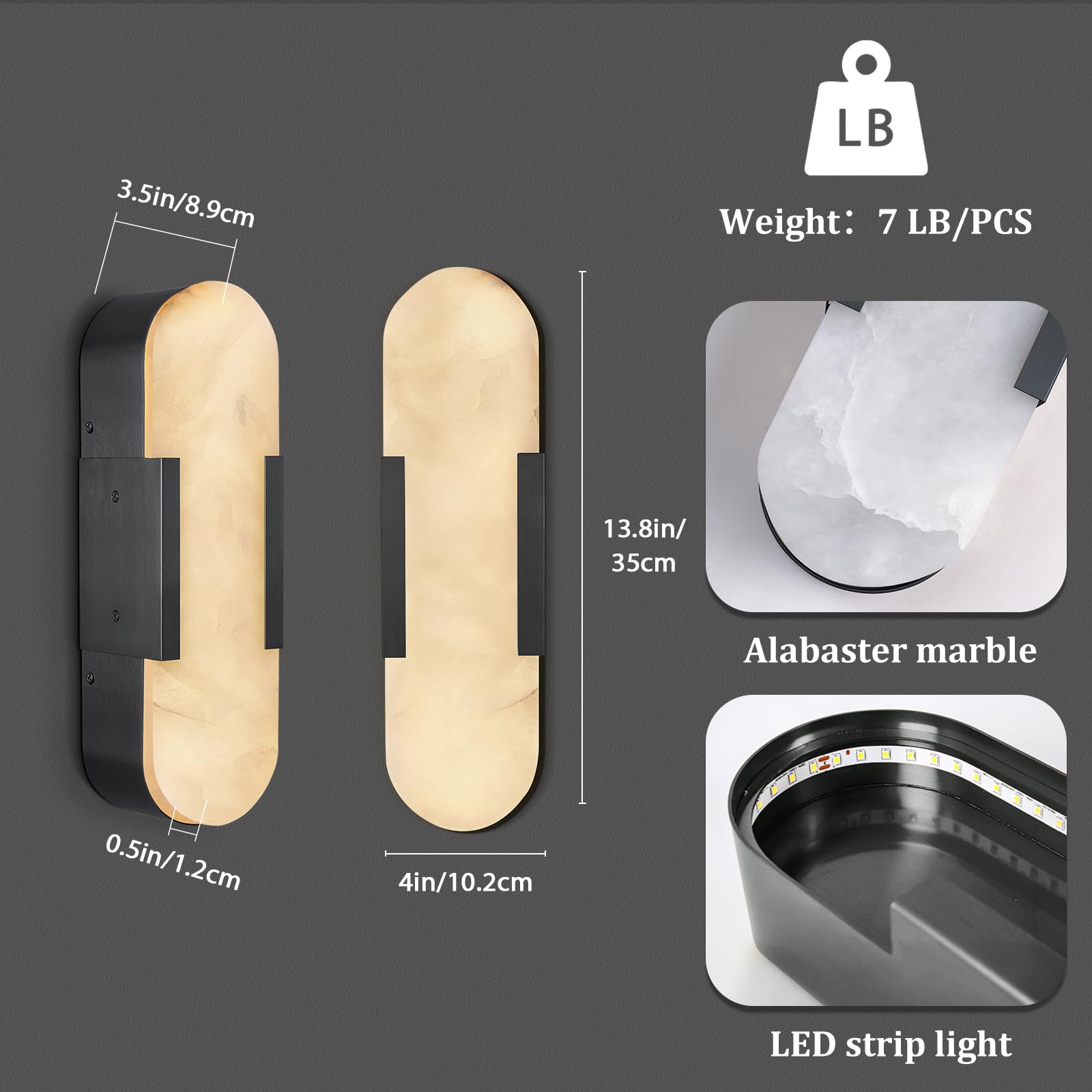 Apliques de pared de mármol natural, juego de 2, 35 cm (13,8"), color alabastro negro, iluminación moderna con cableado fijo para tocador, luz cálida de 3000 K, para baño (13.8inches)