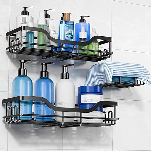 OMAIRA 3-Pack Shower Caddy with Soap Holder, Adhesive Rustproof No-drill Strudy Loading Inside Shower Organizer Shelves Rack Storage Bathroom Organization for Smooth Wall Glass Tile, Black (Large)