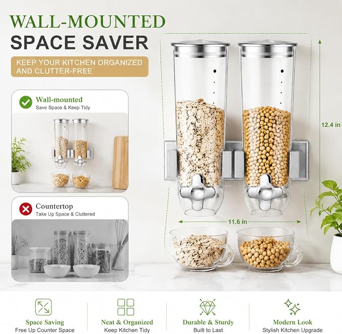 Huwena 4 Sets Contenedores para Cereal, 3L cada uno, Dispensador de Cereal montado en pared para almacenamiento de alimentos secos, dispensador de grano para dulces, avena, café, nueces (Plateado) miniatura 6