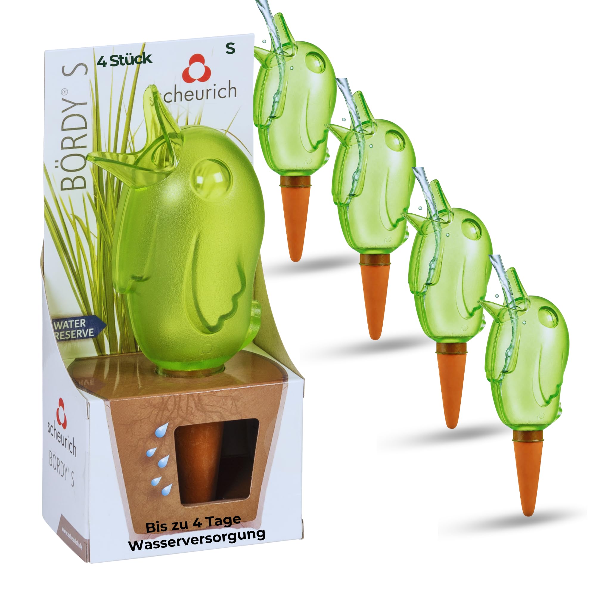 Scheurich Wasserspender S Bördy | 4 x Grün | 90ml Füllmenge | Bewässerungskugeln klein mit Ton Fuß | Wasserspender Pflanzen und Blumen Terrakotta Stiel