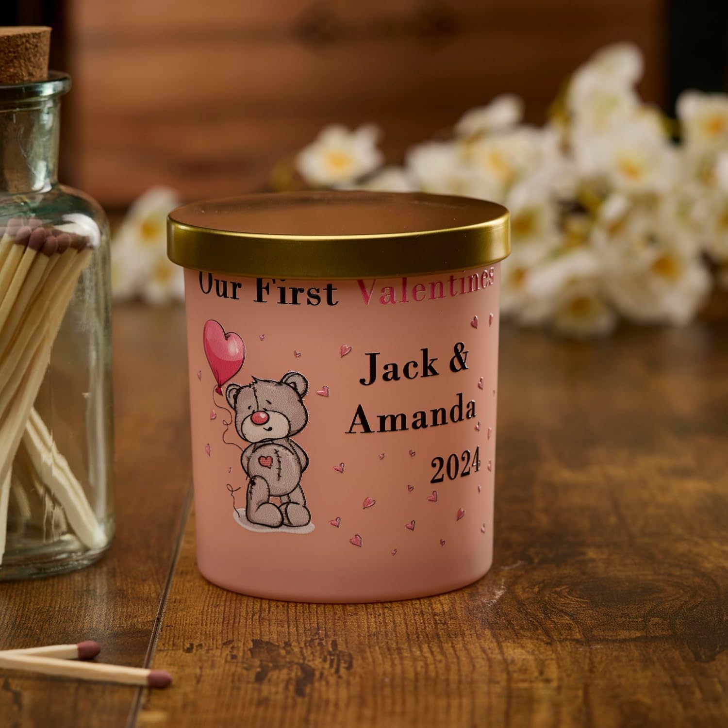 Beautiful Pink Personalised First Valentines Jar Candle Gift (Fresh Cotton)