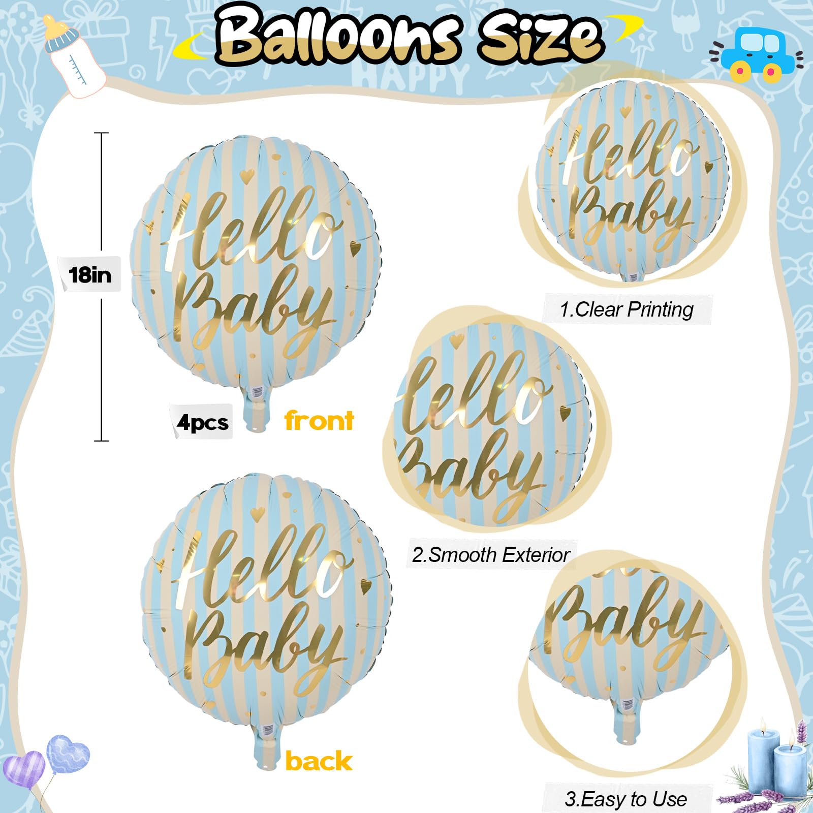 18" Gender Reveal Foil Balloons, 4pcs Blue Stripes Mylar Round Baby Balloon with HELLO BABY Gold Letter Print - Image 2