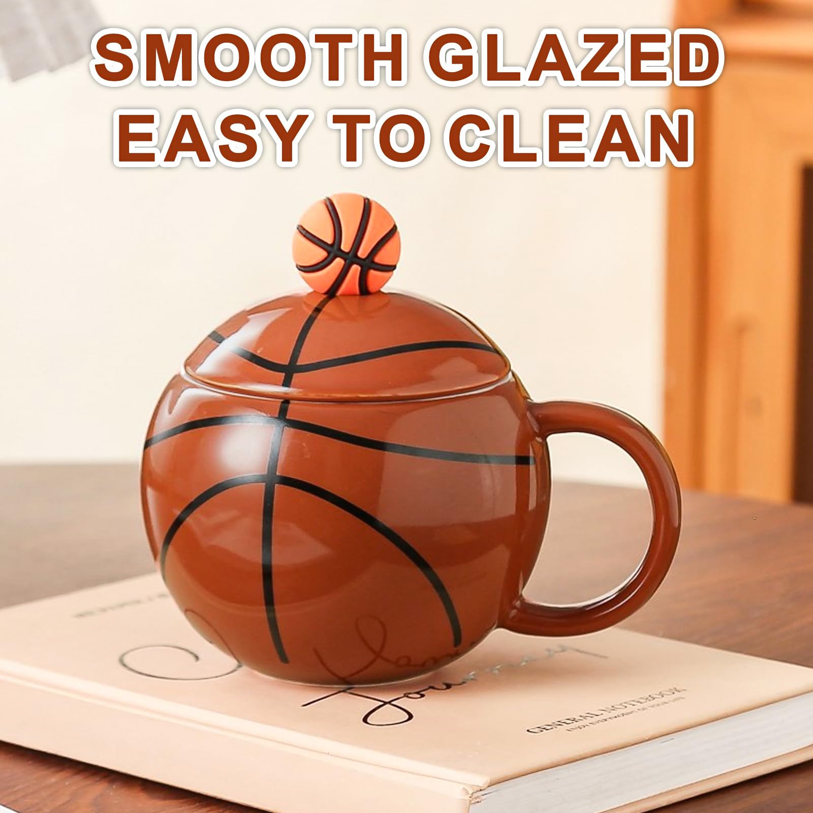 ZONSUSE Taza de Café Baloncesto, Divertida Taza Esférica, Mug Desayuno Creativa, Taza de Baloncesto con Tapa, Baloncesto Regalos Originales para Hombre Mujer Niño 420ml (Basketball A-Sin Cuchara)