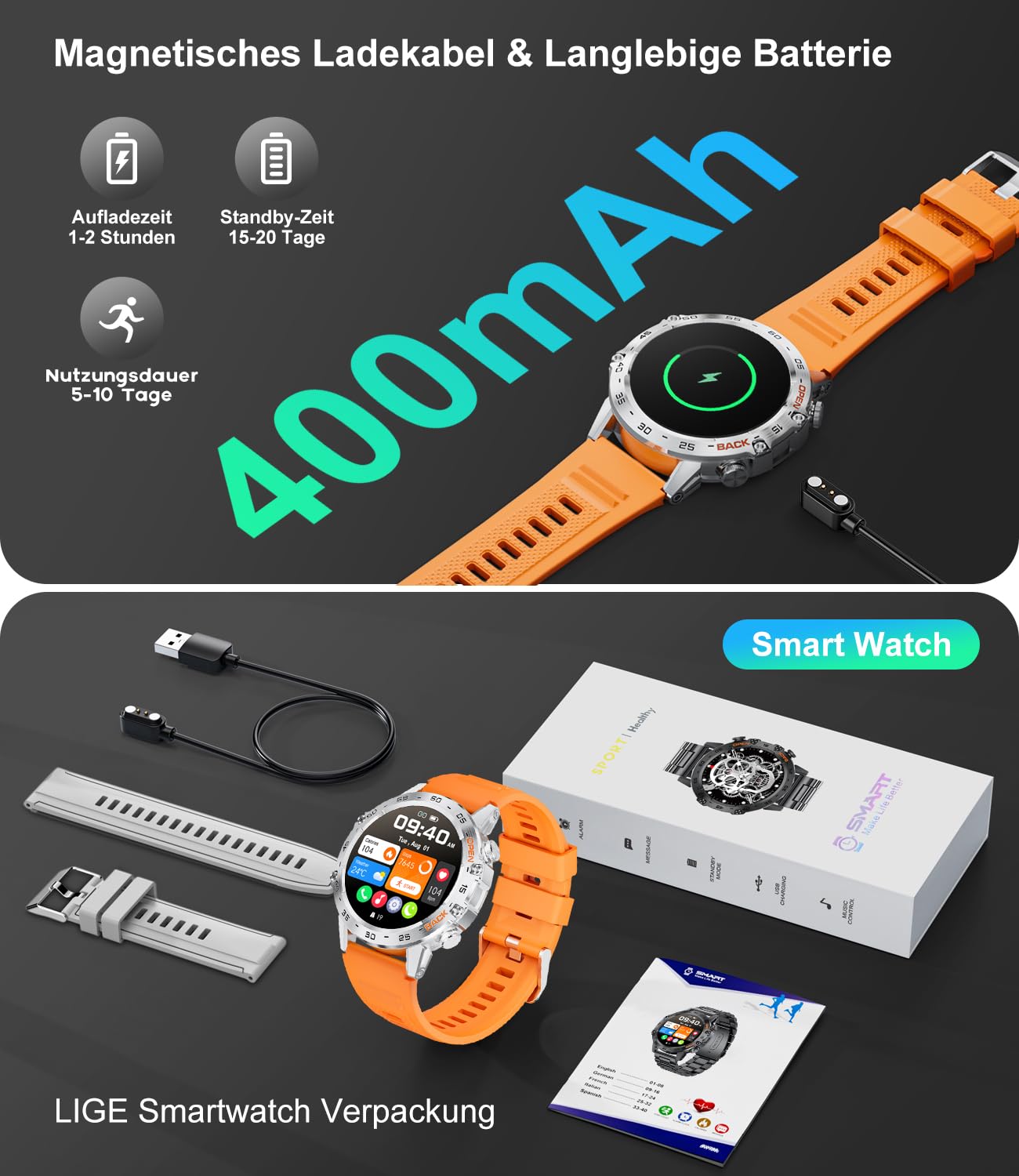LIGE Montre Connectée Homme 1,39'' Smartwatch Appel Bluetooth Assistant Vocal Santé Fréquence Cardiaque SpO2 Suivi Activité Modes Sportifs Android iOS