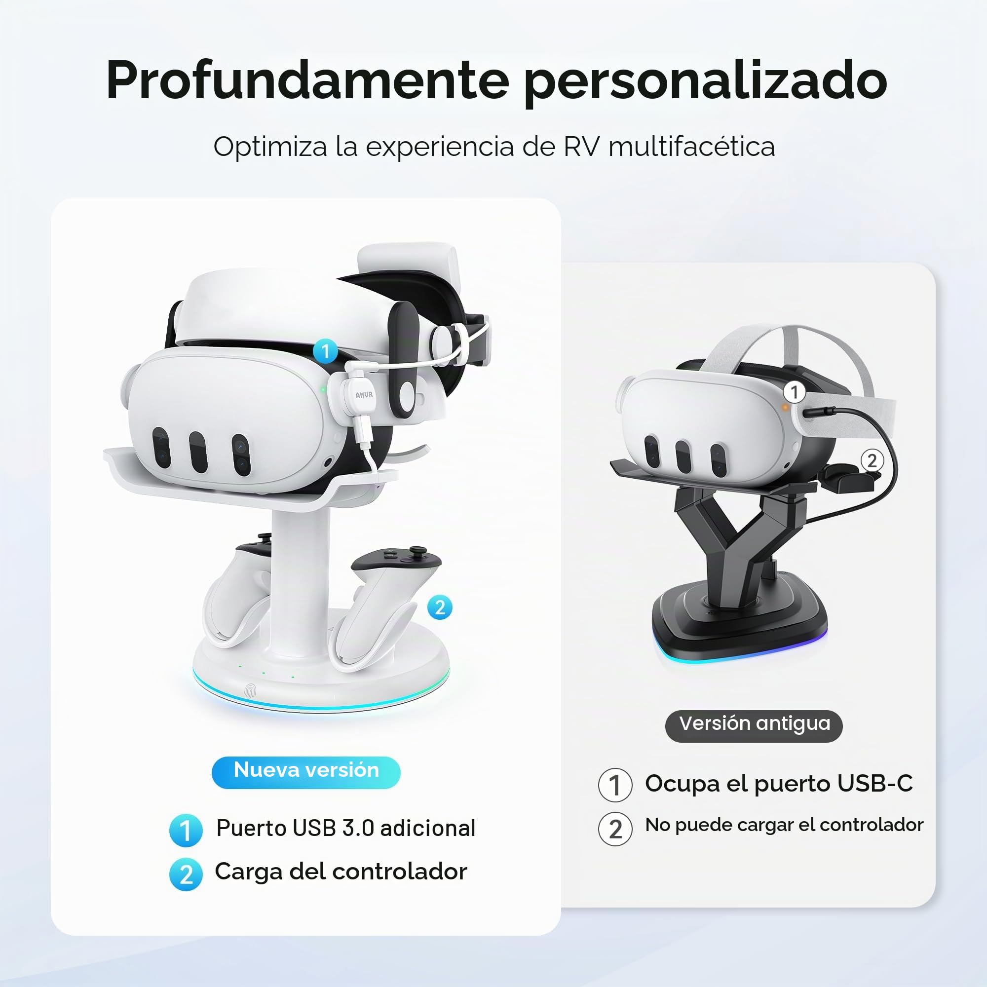 AMVR Estación de Carga Magnética para Meta Quest 3/3S | Soporte VR RGB, 2 Baterías de Mando, Protección de Sobrecarga, Ahorro de Espacio, Sin Adaptador