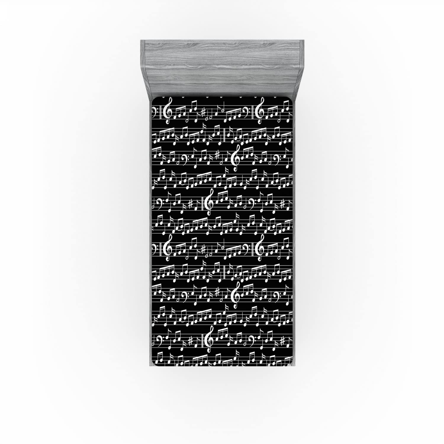 Ambesonne Black 2 Pack Fitted Sheet, Musical Note Print, Bed Cover All-Round Elastic Deep Pockets 2 Pieces, Package Contains 2 Twin XL Size Fitted Sheets, White and Black