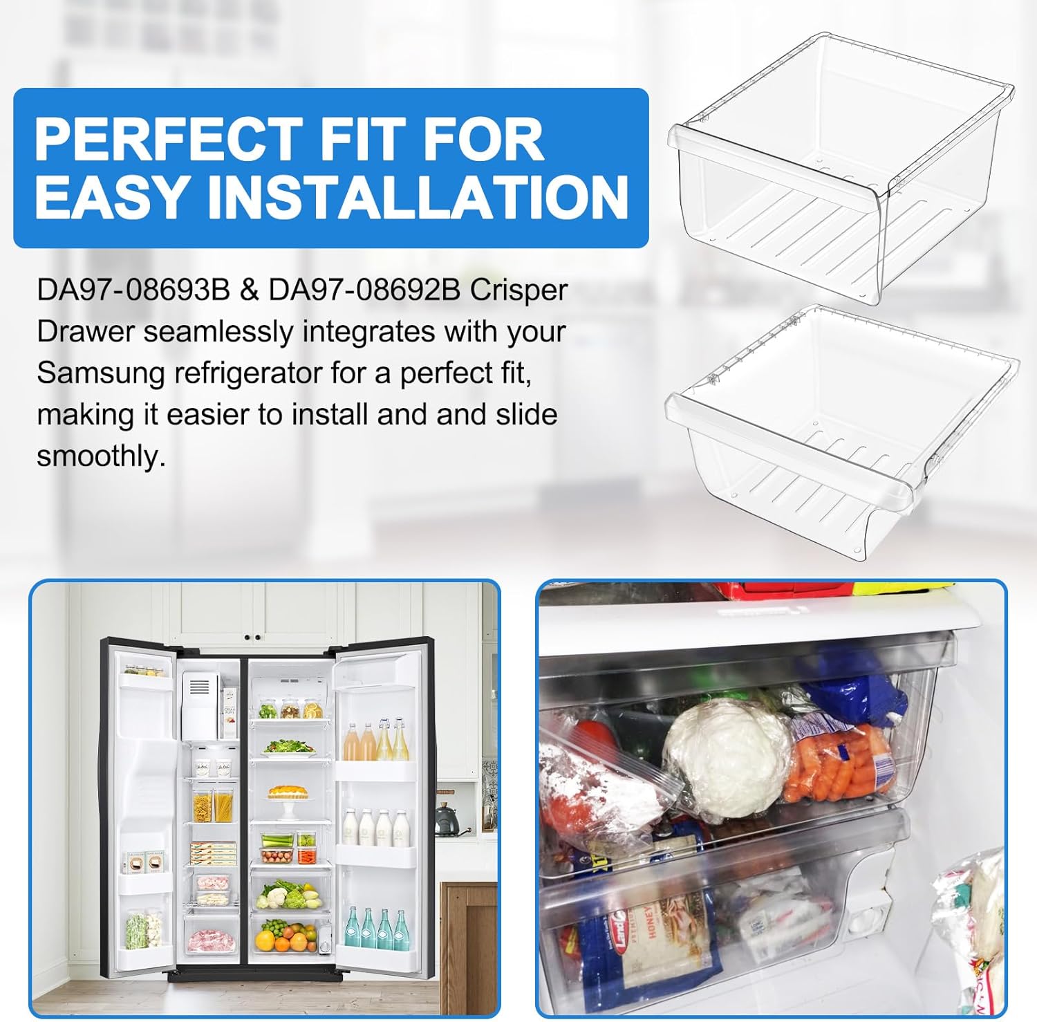 UPGRADED DA97-08693B Refrigerator Crisper Drawer Upper & DA97-08692B Fridge Crisper Bin Bottom Compatible with Samsung Refrigerator Drawers RS25J500DSR RS25H5000SR RS25J500DSG RS261MDRS Crisper Drawer
