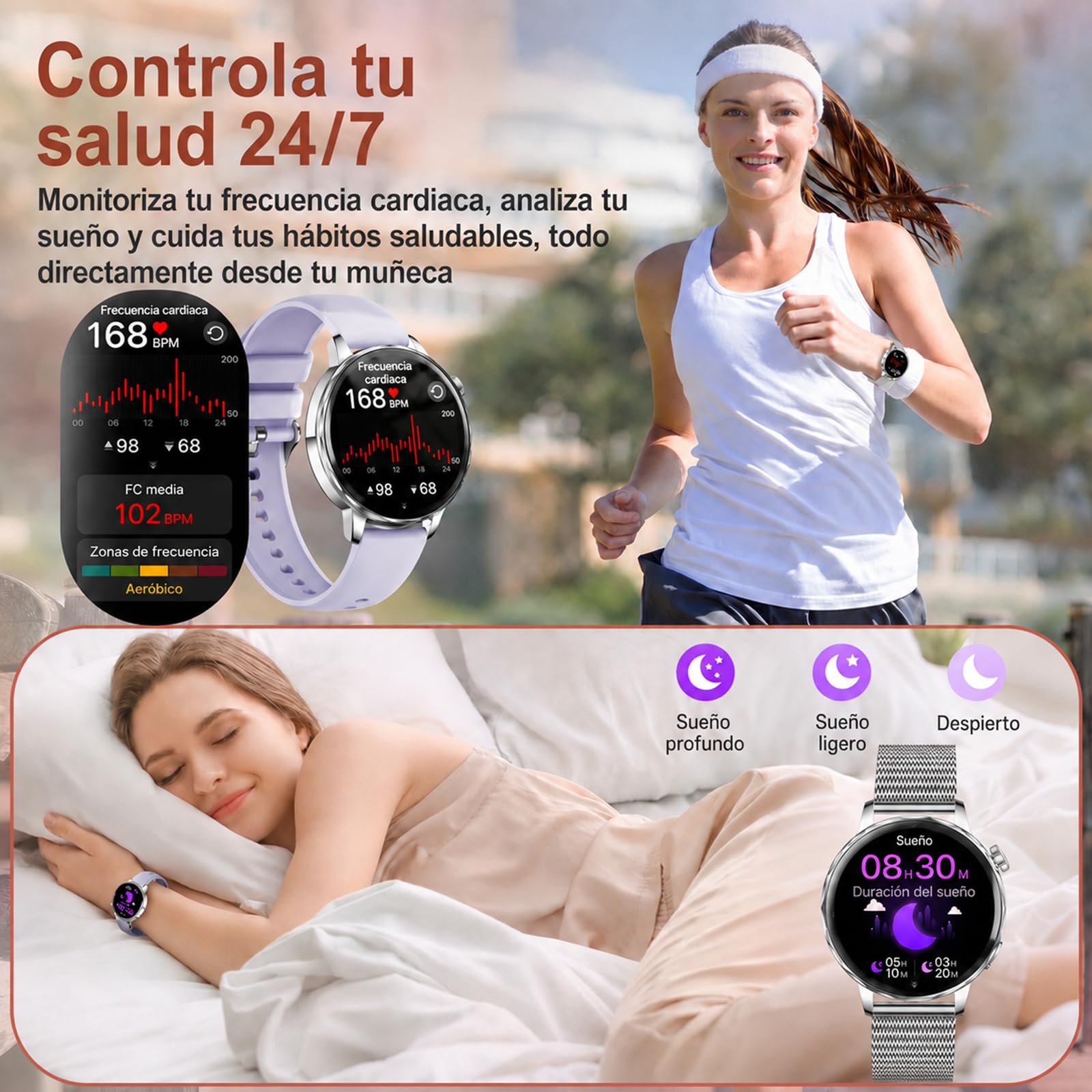 Reloj Inteligente Mujer Pequeño Redondo con Llamadas, 1,27" HD, 2 Correas