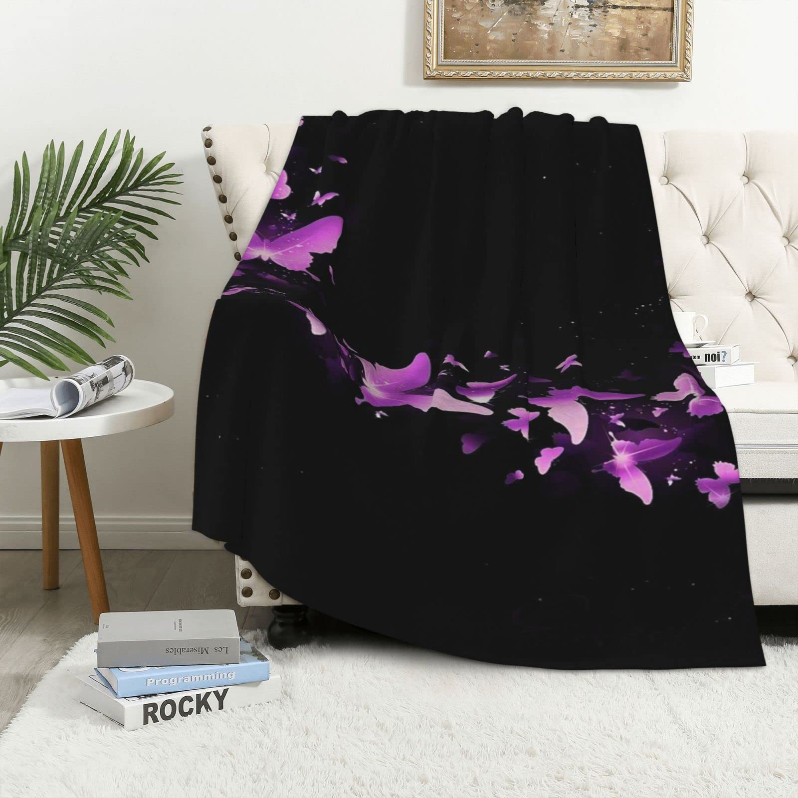 Couverture polaire en flanelle violet papillon pour lit et canapé douce toutes saisons 100x150cm