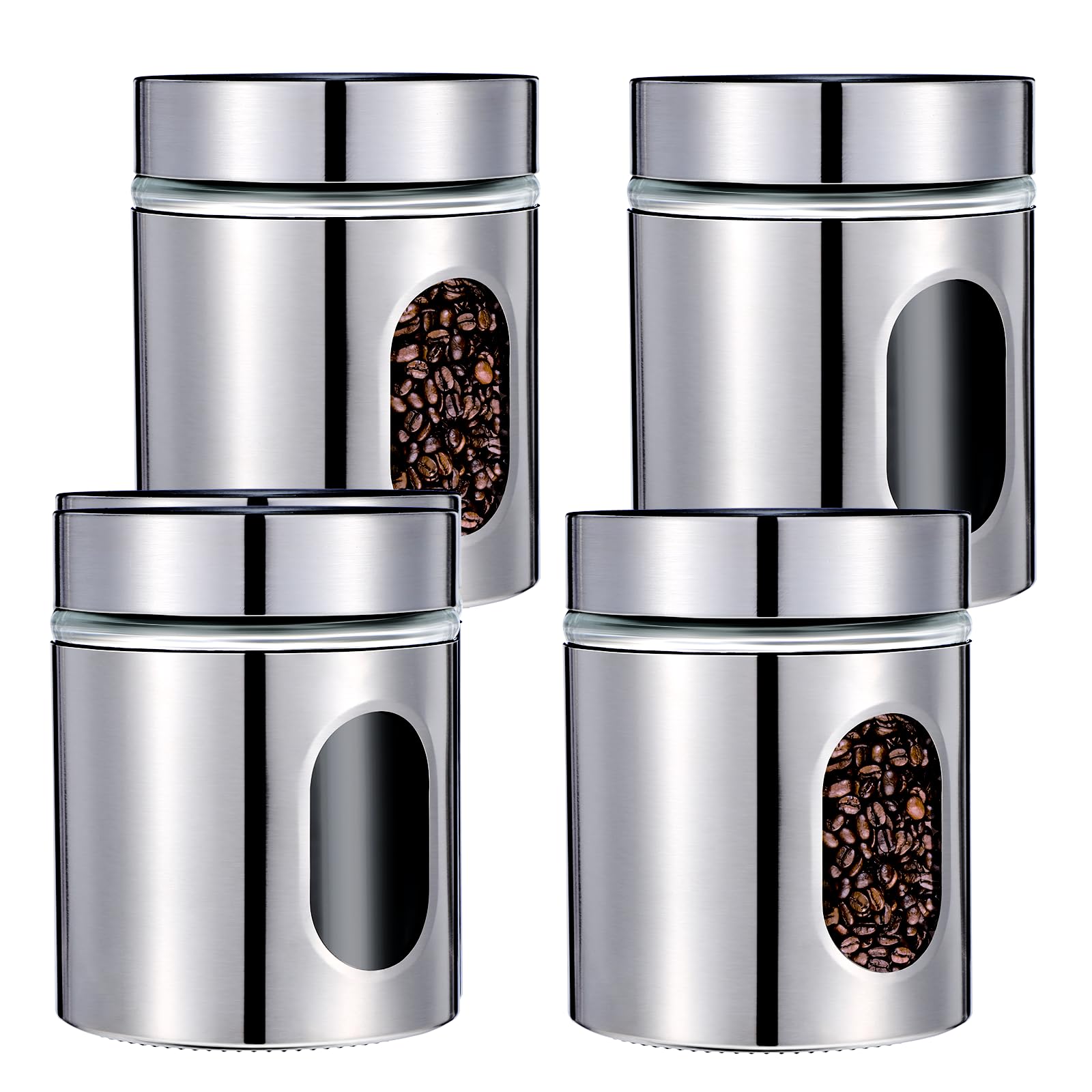 4-teiliges Küchendosen-Set, Edelstahl, Glasdosen, luftdicht, für Kaffee, Zucker, Tee, Süßigkeiten, Lebensmittelbehälter mit Deckel, für Mehl, Kekse, Gewürze, Körner, Küche, Backen, Heimdekoration