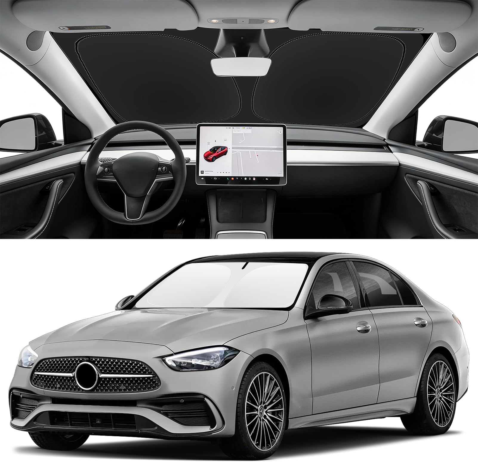 for Benz C Class Sunshade Windshield Sun Shade Custom Fit 2015-2023 Mercedes Benz C Class C250 C300 C400 Windshield Cover for GLA Accessories Window Sun Visor Protector UV Ray Reflector
