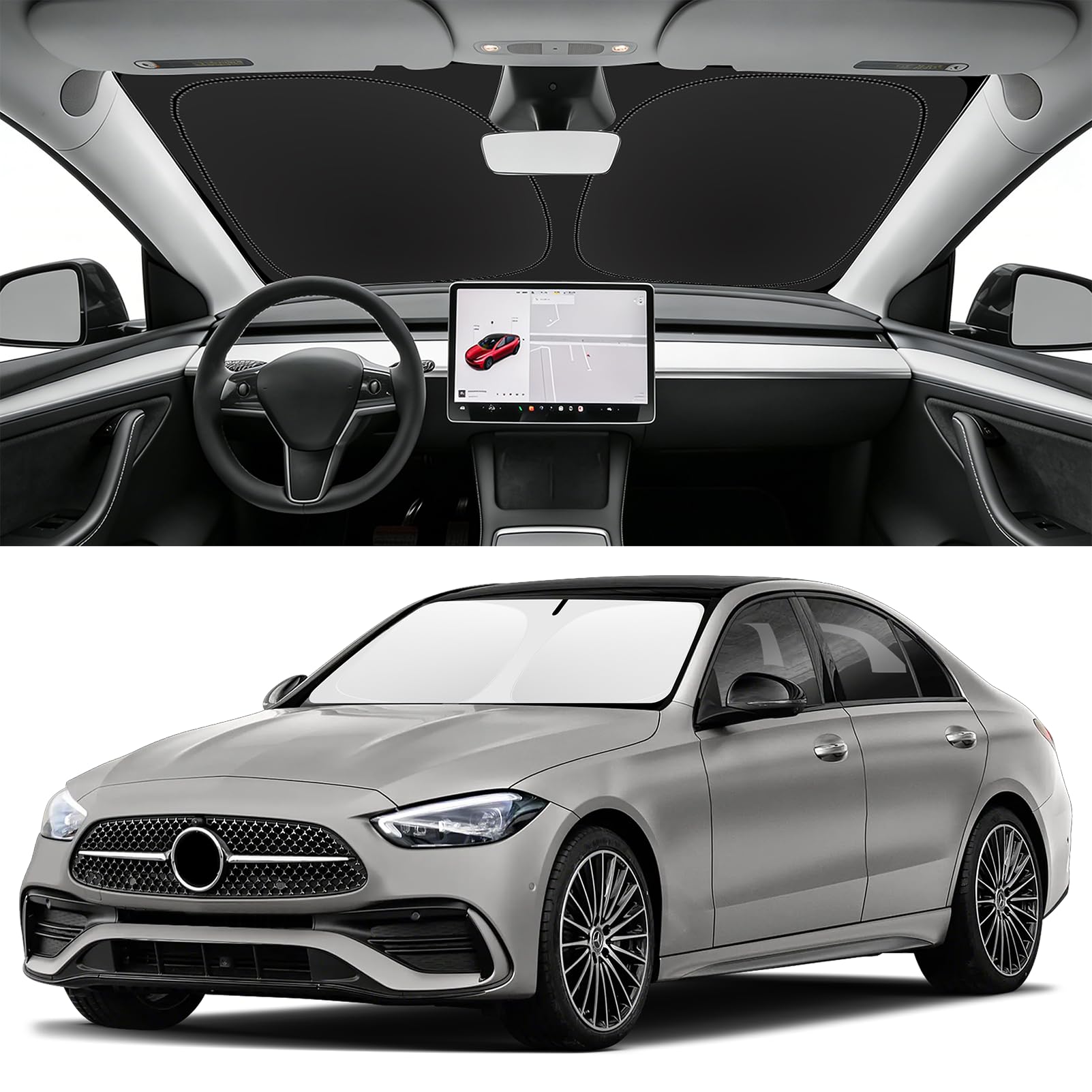 Custom Fit Windshield Sun Shade for Mercedes-Benz C-Class 2015-2026, Blocks UV & Heat, Front Window Sunshade, Easy Fold & Store