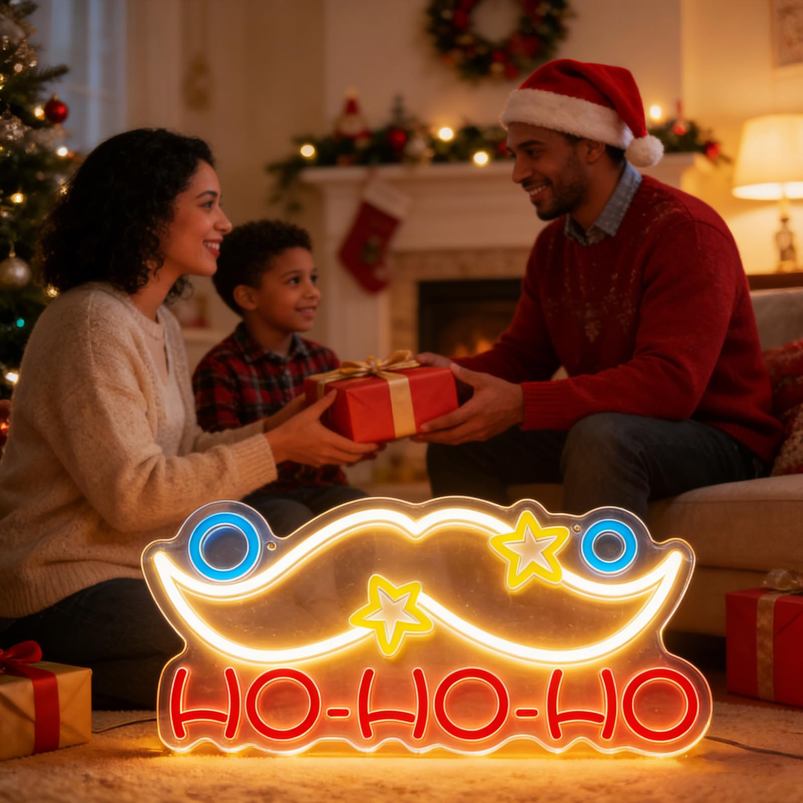 HO-HO-HO neonowy znak LED, zasilany przez USB, bożonarodzeniowa lampa z brodą Świętego Mikołaja, montowana na ścianie, dekoracja bożonarodzeniowa, świąteczna impreza, dekoracyjne światło z prezentem