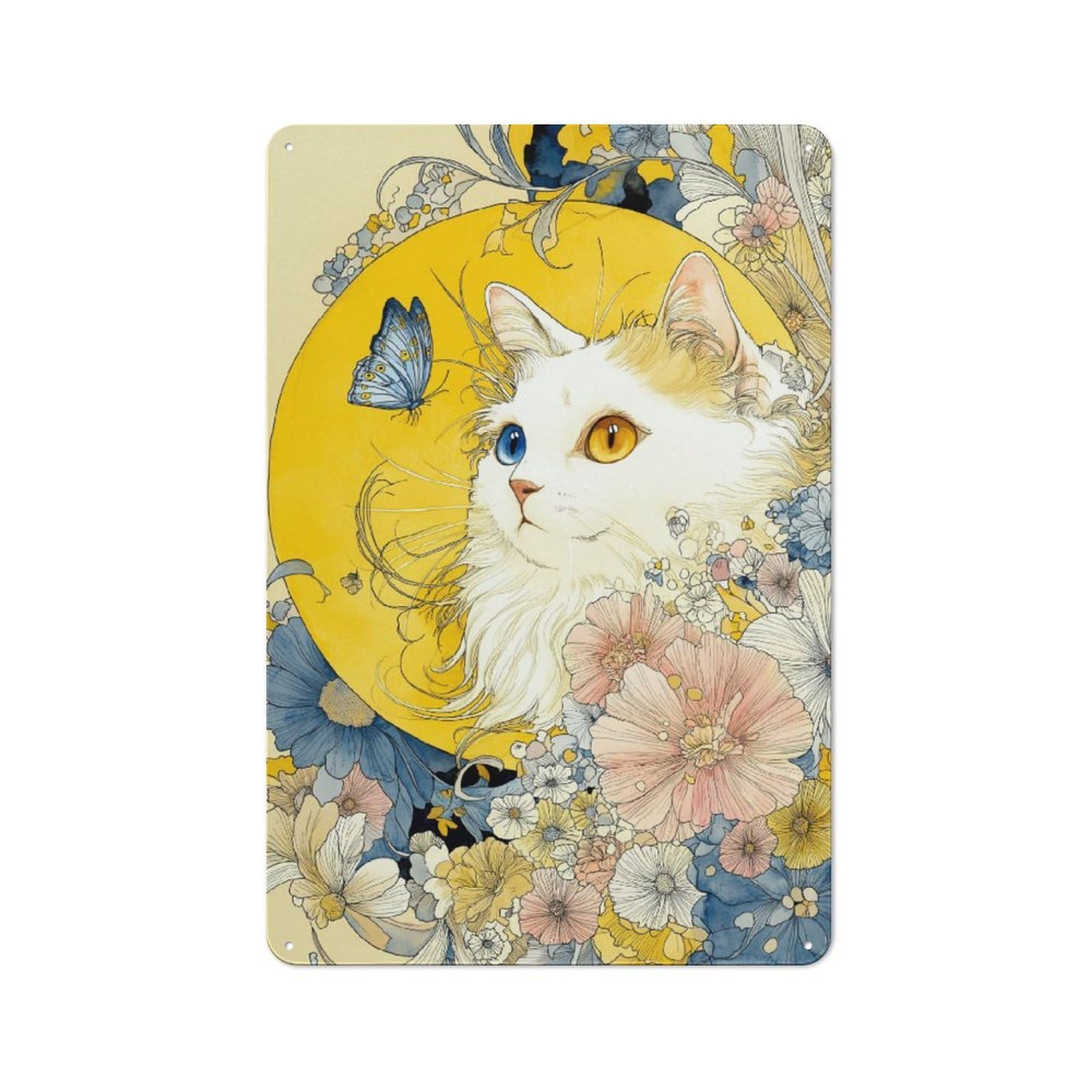 Junmoney Whimsical Feline & Floral Art Metal Wall Sign 30X20cm Featuring For Living Room Wall, For Metal Sign Collectors, For Garage And Workshop Walls