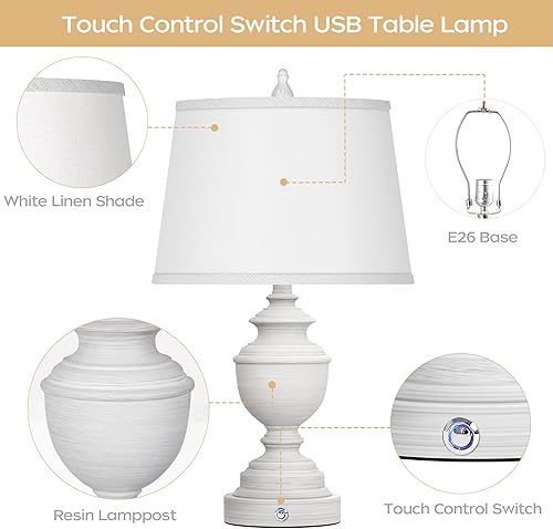 Miniatura 5 de Juego de 2 lámparas de mesa, moderna lámpara de mesita de noche de granja con puertos USB, control táctil regulable de 3 vías, lámparas de noche