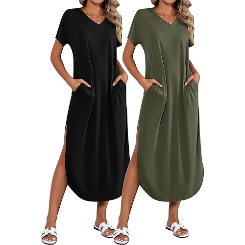 2 Piece Women's Short Sleeve Maxi Dress with Pockets V Neck Split Casual Loose Long Summer Beach Shirt Dress