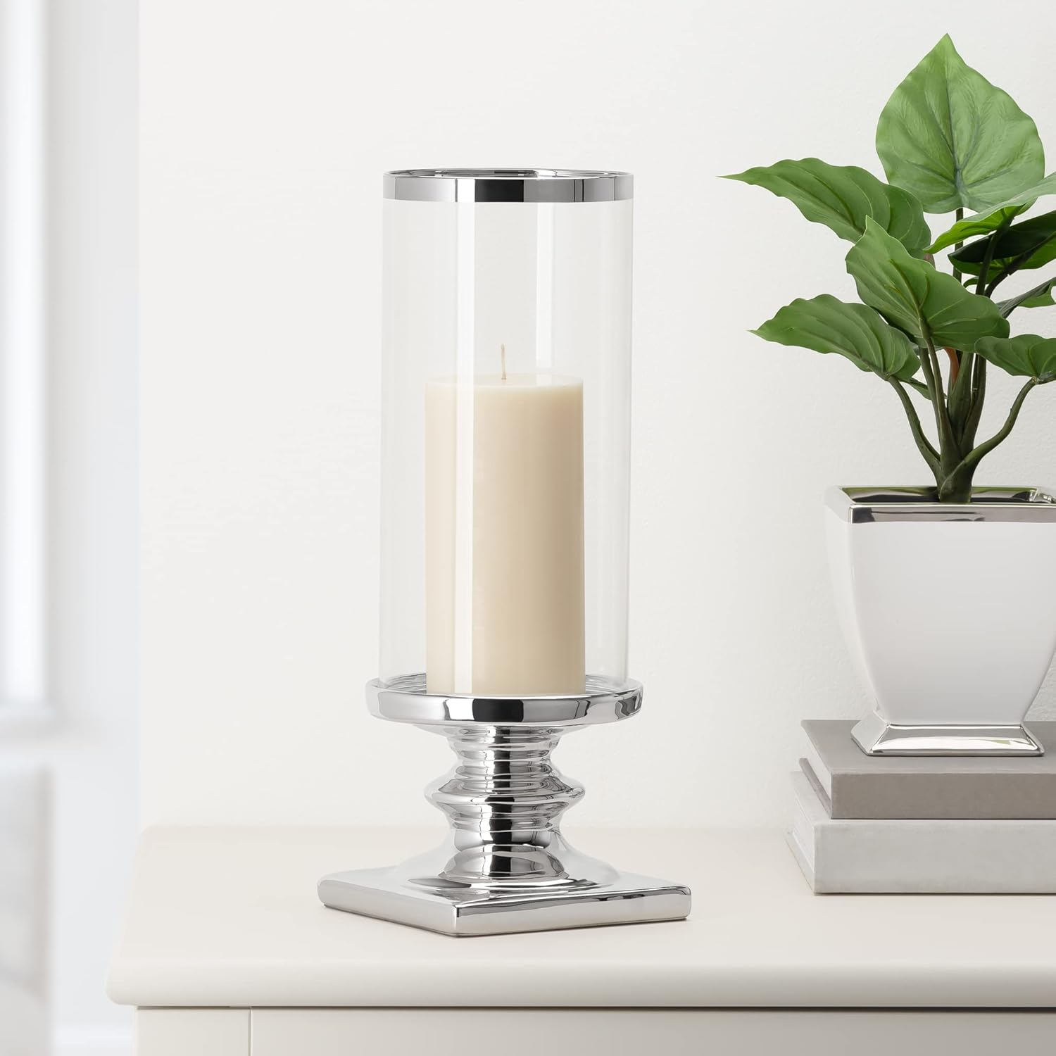 Torre & Tagus Fino Pedestal Ceramic and Glass Candle Holder for Pillar Candles, Elegant Table Decorations for Dining Room, Traditional Pillar Candle Holder for Dining Table or Coffee Table, 14" Silver : Home & Kitchen