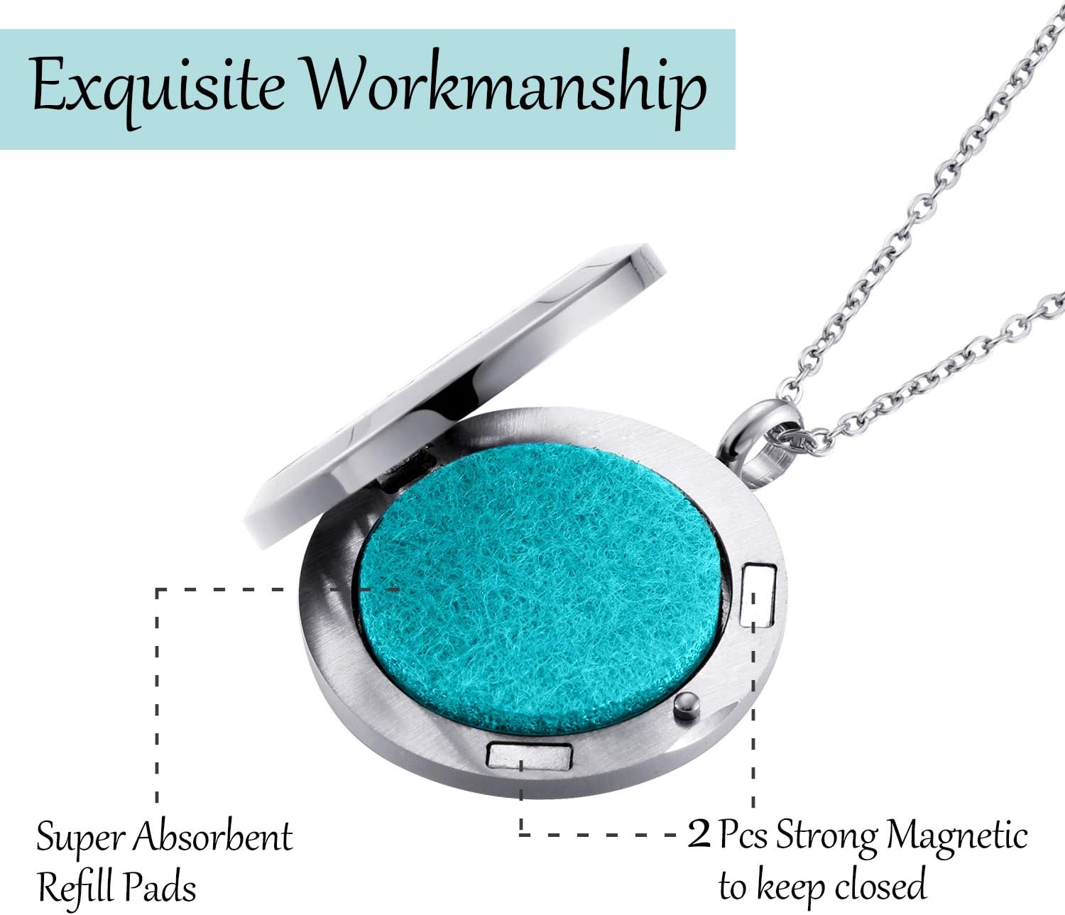 Mtlee Aromatherapy Essential Oil Diffuser Necklace Locket Pendant Stainless Steel Perfume Necklace with 16 Refill Pads and 24 inch Adjustable Chain (Tree with Star)