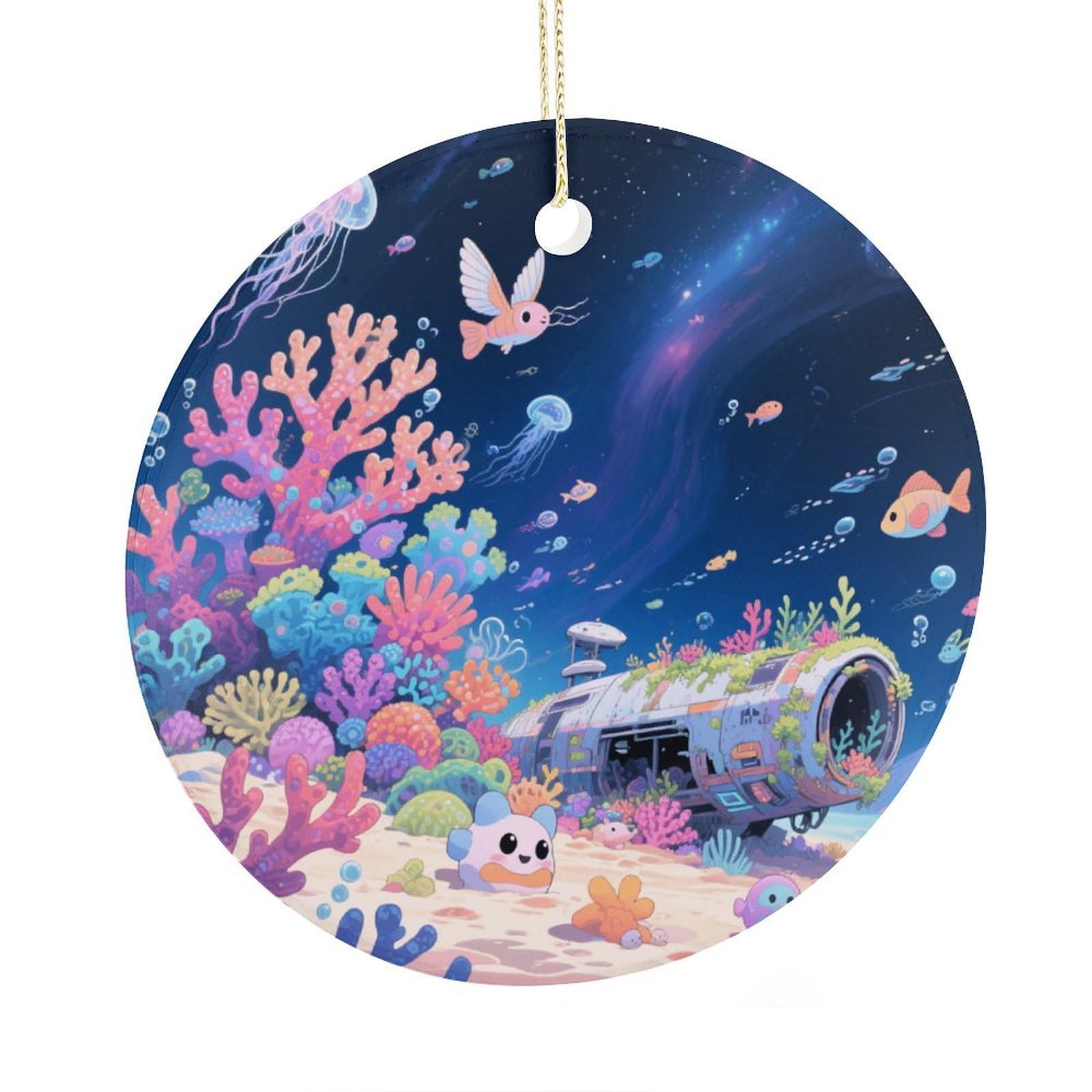 Fekiloot Style Interstellar Coral Reef Christmas Ornaments 2.9 Inch Round Ceramic Ornament Keepsake Thank You Gifts For Office, Room, Home - Holiday Present Ideas