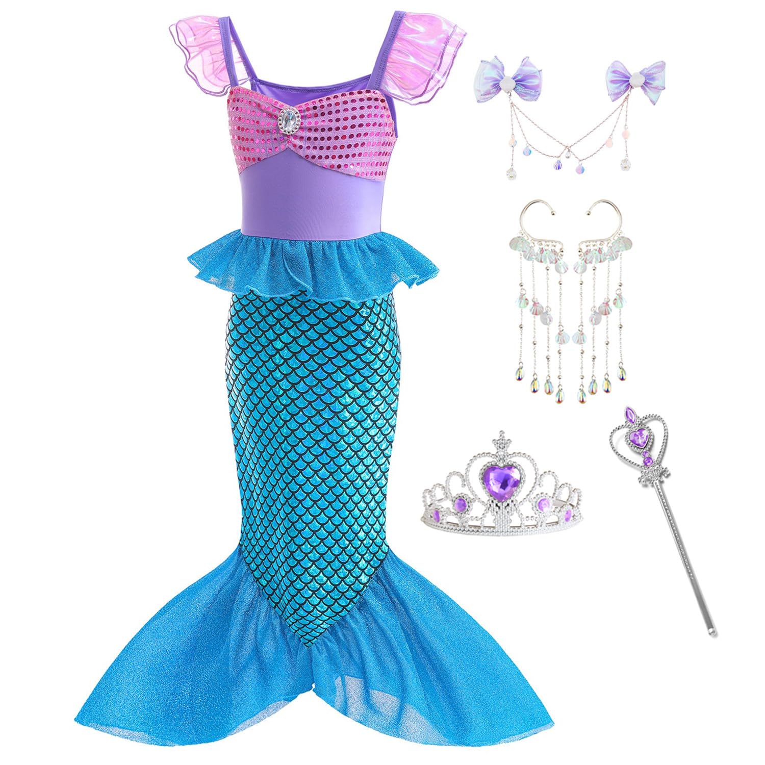 BUNAOWA Mermaid Costume Princess Dress for Girls with Accessories Party Christmas Halloween Outfit (3-4Years)