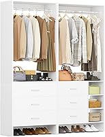 Aheaplus 4.5FT Wood Closet Organizer with 6 Drawers & Hanging Rods - Modular Set of 2 for Walk-In or Small Closets, White