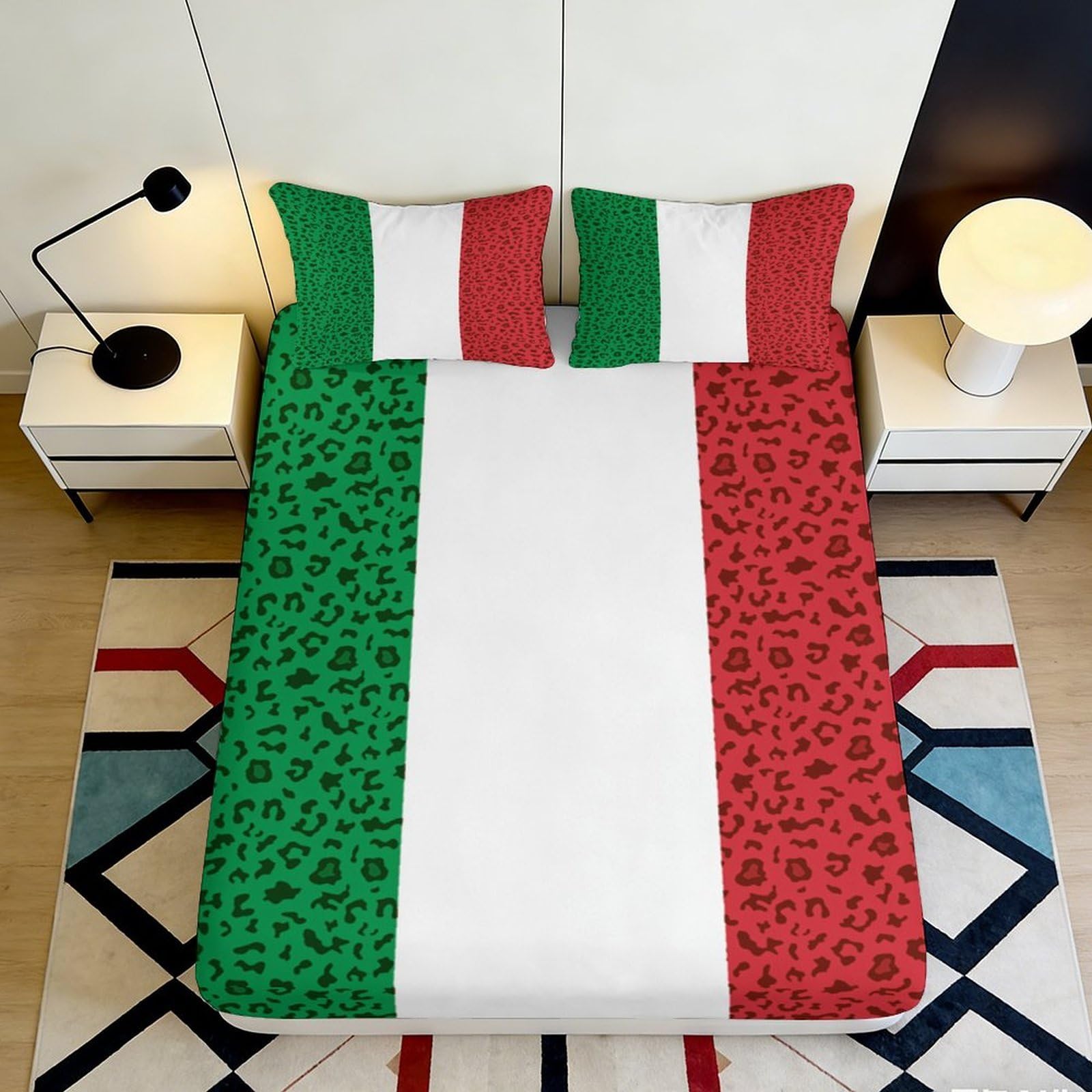 3D Printed Italian Flag Leopard Pattern Fitted Sheet Microfiber Soft Durable White Red Green Bed Sheet for Dormitory Guest Room Mattress Protection 160x200x25cm