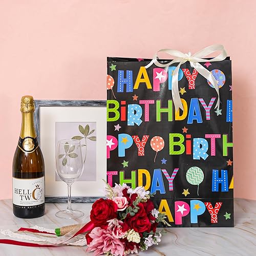 Miniatura 5 de Moretoes Paquete de 2 bolsas de regalo de cumpleaños, bolsas de regalo grandes con papel de seda, patrón de globos coloridos, bolsas blancas y