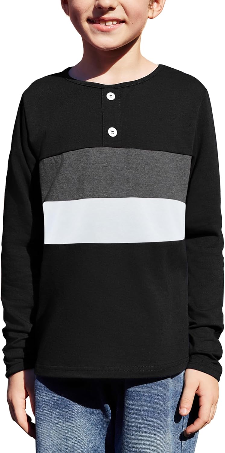 Arshiner Kids Boys Henley Shirts Cotton Long Sleeve Crewneck T-Shirts Color Block Tee Tops 3-12 Years