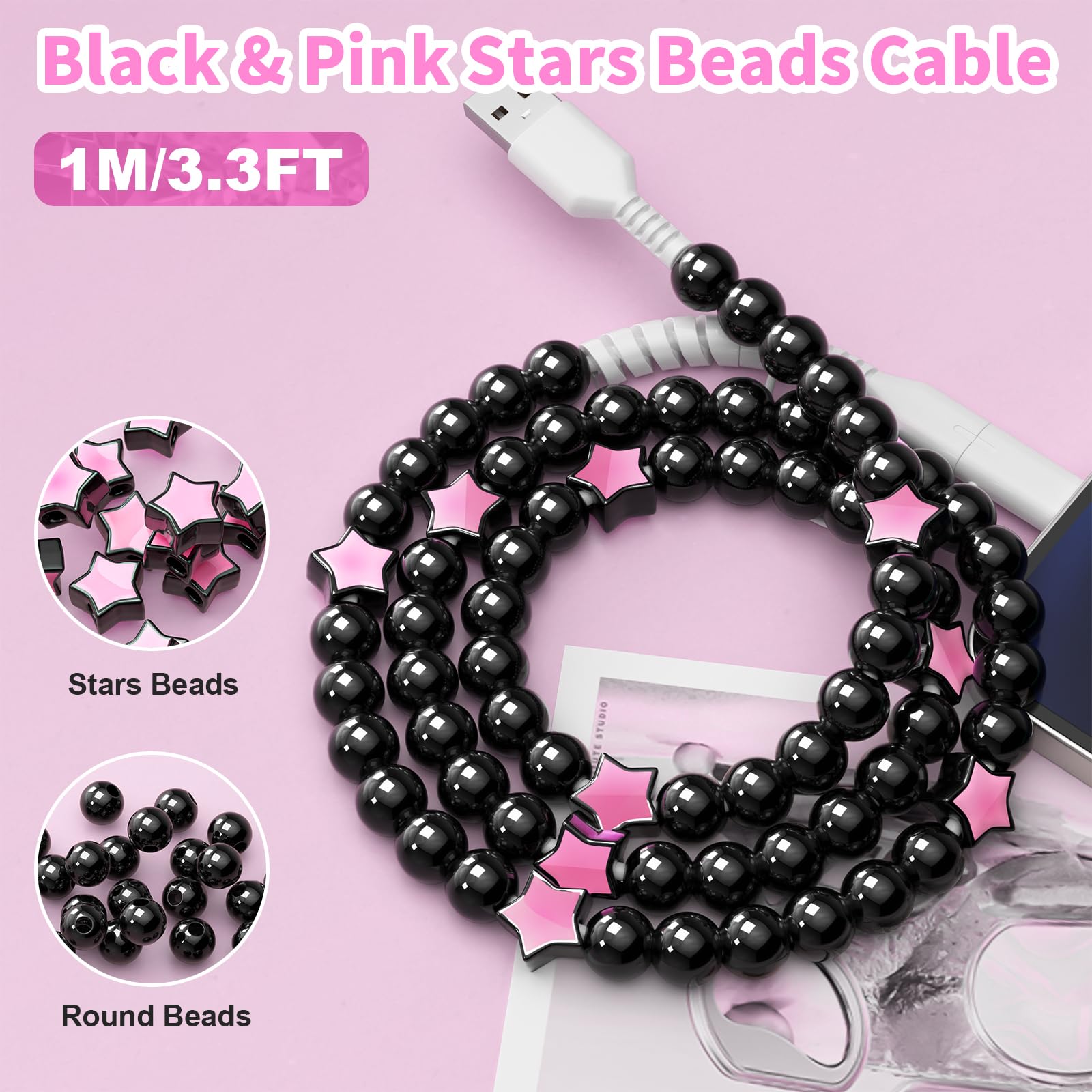 VOFUOE USB C Kabel für iPhone 17 Ladekabel USB A auf Typ C Kabel 2 in 1 Multi Ladekabel Star Beaded Charger Cable 3.3FT Fast Charging for iPhone 16/15, Galaxy S24/S25 Ultra-Black & Pink
